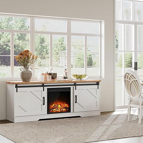 Miniatura 8 de WAMPAT Soporte de TV con chimenea, puerta corrediza de granero, centro de entretenimiento para televisores de hasta 75 pulgadas, consola multimedia