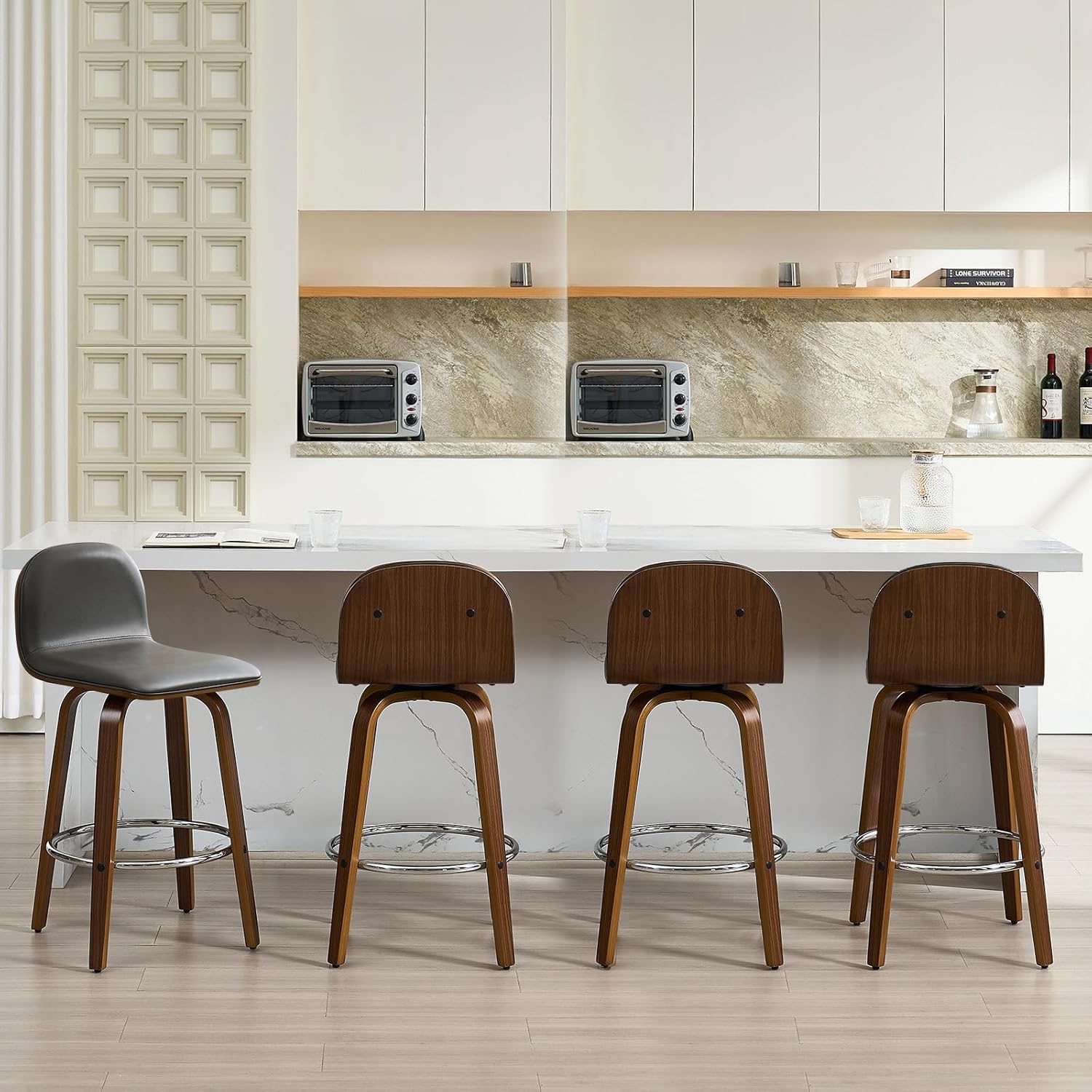 Bekrvio Swivel Counter Height Bar Stools Set of 4, 26" H Mid-Century Modern Upholstered Faux Leather Barstools with Low Back, Walnut Bentwood Legs, Counter Stools for Kitchen Island, Grey
