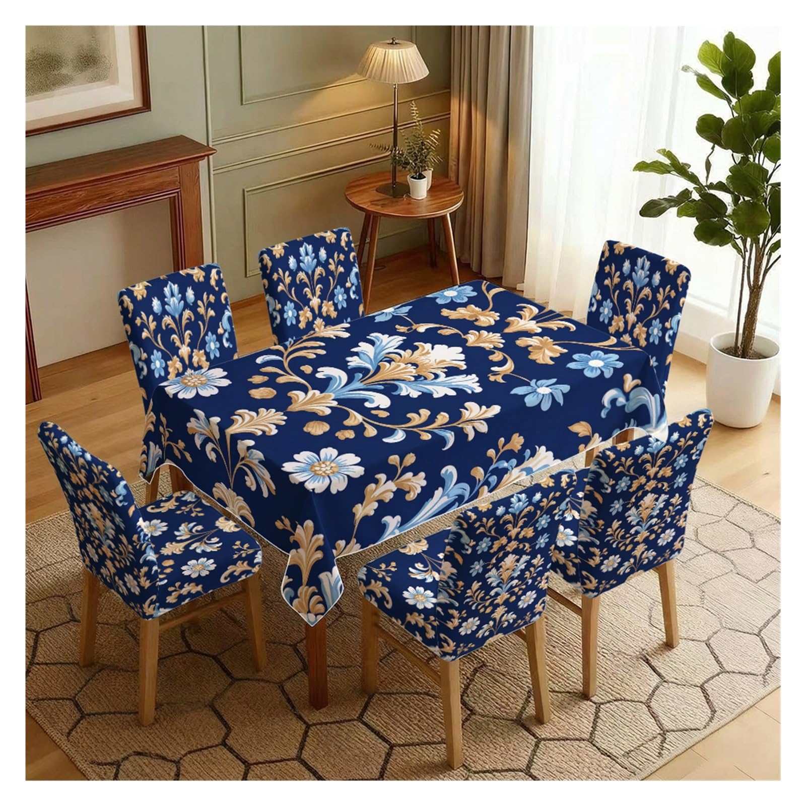 KXUAUV Blue Damask Floral Print Tablecloth & Chair Covers Set, Slipcovers For Dining Room, Kitchen, Wedding & Elegant Decor, 5/7 Pack Party Decor(7pcs Set: Tablecloth+Chair Covers)