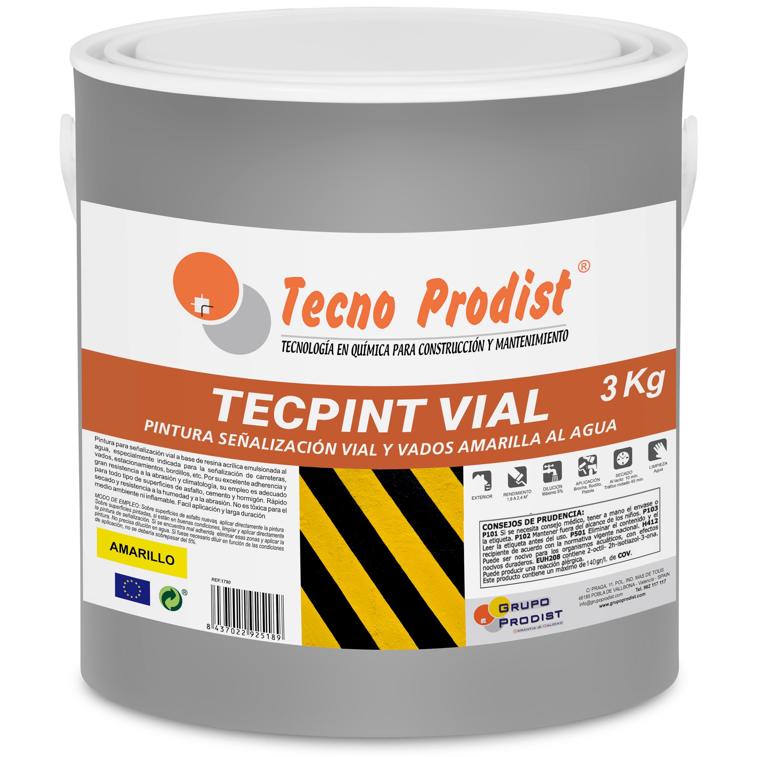 Tecno Prodist TECPINT VIAL by (3 Kg) JAUNE Peinture à l'eau, pour marquage routier, spéciale pour gués, séchage rapide, non toxique