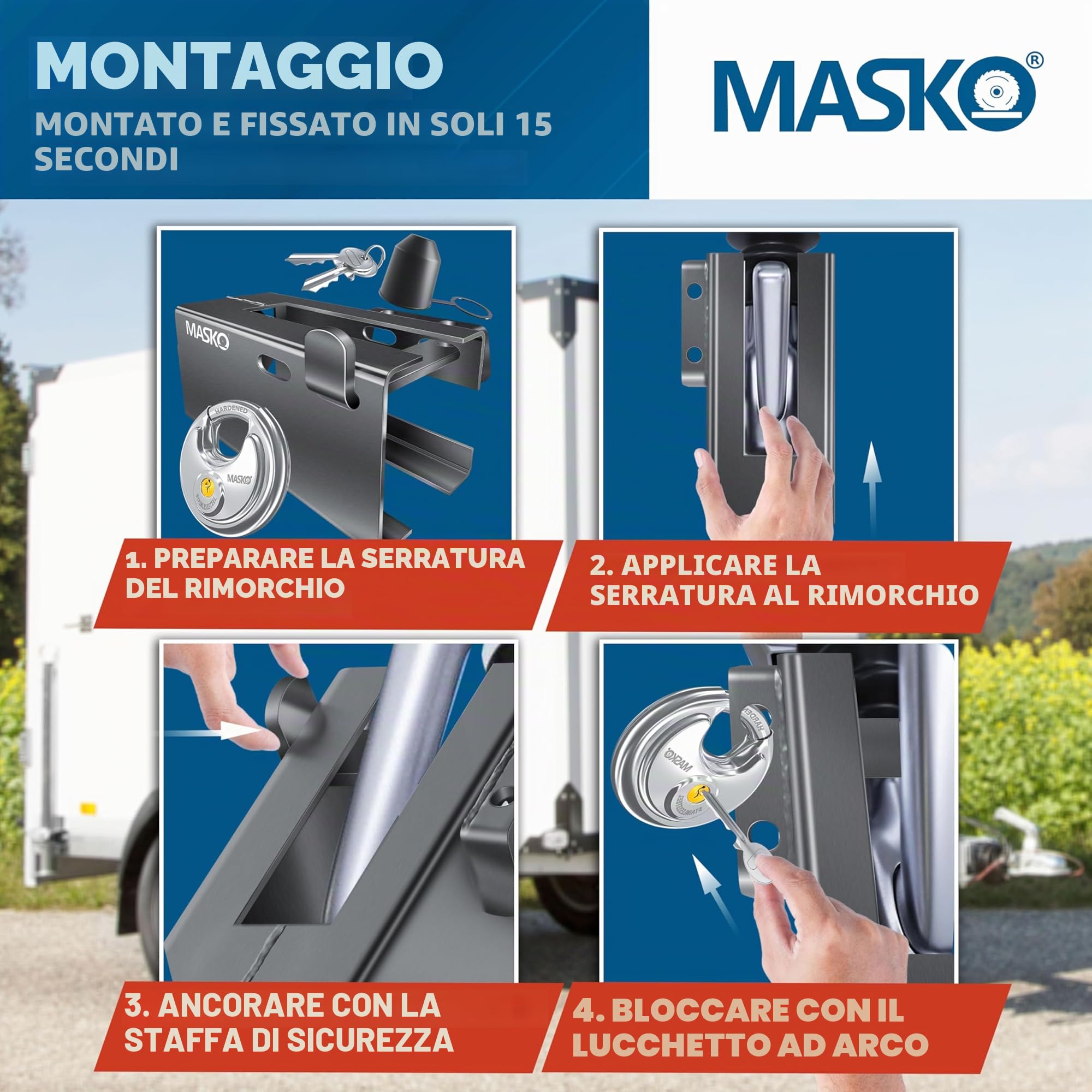 MASKO® Serratura per Rimorchio Con Sistema a Innesto - Agganciato e Sganciato, Protezione Antifurto, incl. Serratura a Disco, Chiave e Cappuccio di Protezione, Antracite