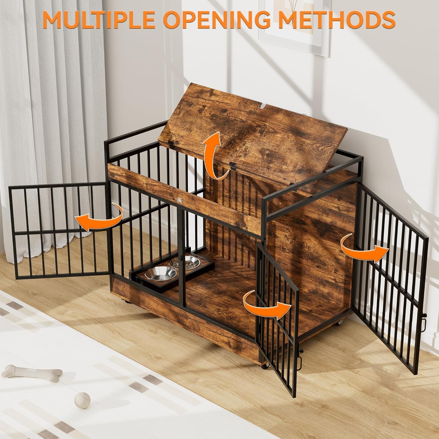 45 Inch Dog Crate Furniture for Large Dog with 2 Stainless Steel Bowls, Heavy Duty Dog Kennel Indoor, Large Wooden Dog Crate Table for Decorate House As TV Stand, End Table