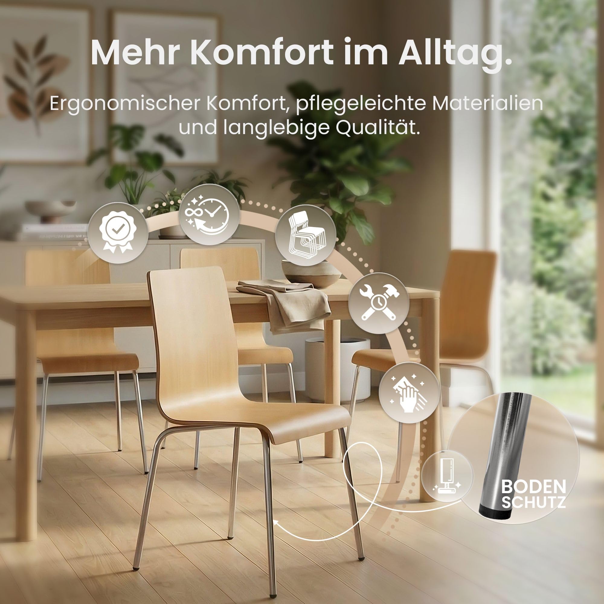 CLP Stuhl stapelbar Gahanna, Stapelstuhl aus Formholz mit HPL-Laminat, Stahlgestell verchromt belastbar bis 150 kg, Esszimmer und Büro, Farbe:Natur