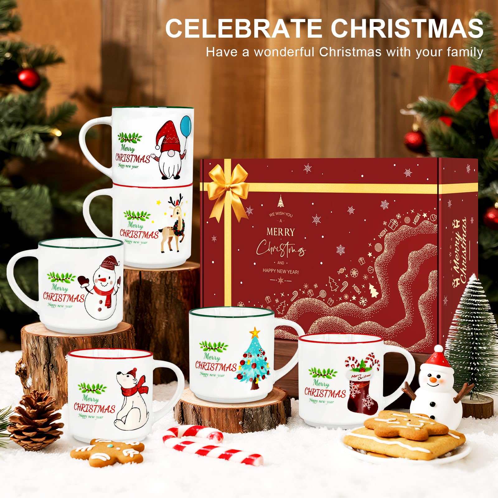 QIKSION Weihnachtstassen 6er Set, 400 ml, niedliche Keramik-Kaffeetassen, stapelbare Weihnachts-Kaffeetassen als Weihnachtsgeschenke für Familie, Freunde und Kollegen