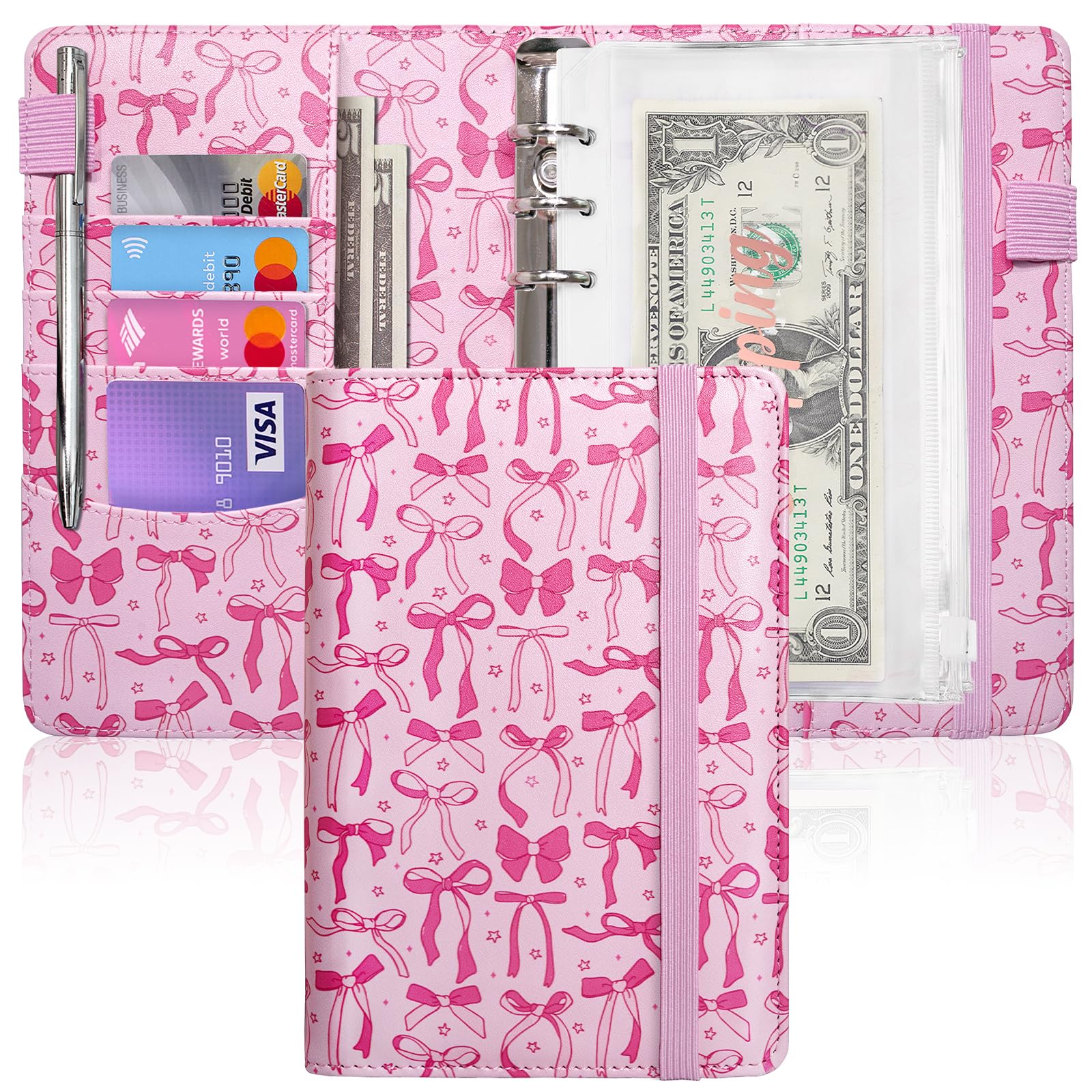A6 Budget Binder for Money Saving, PU Leather Budget Planner with 8 Cash Envelopes, Budget Sheets &amp; Rose Gold Category Stickers, Money Organizer for Cash (Pink Bow)
