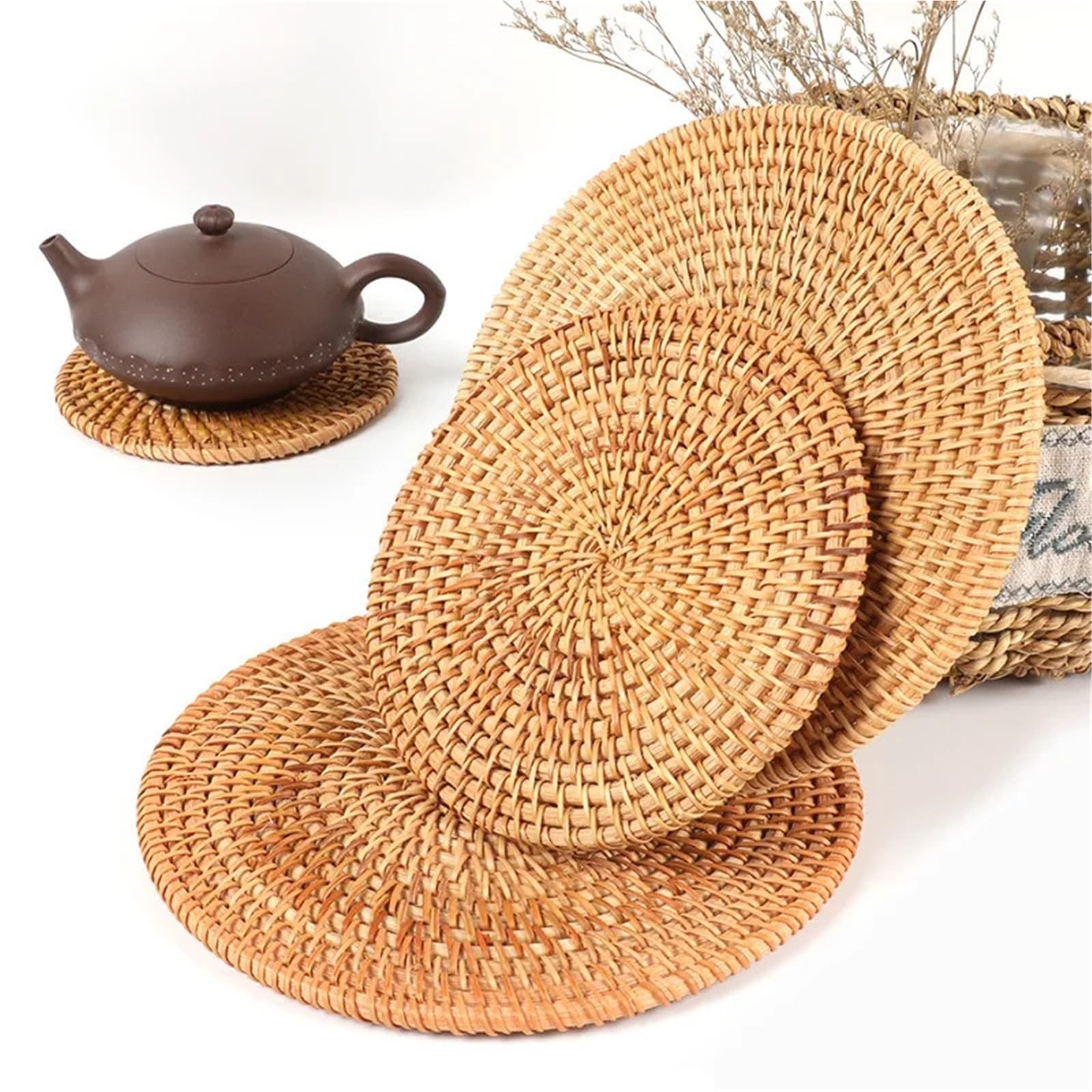 1 Set (6 Stück) handgewebter Rattan-Untersetzer Für Tisch | Runde Hot Pads aus Korbgeflecht, hitzebeständige Topflappen for Teekannen, Pfannen und Tischschutz