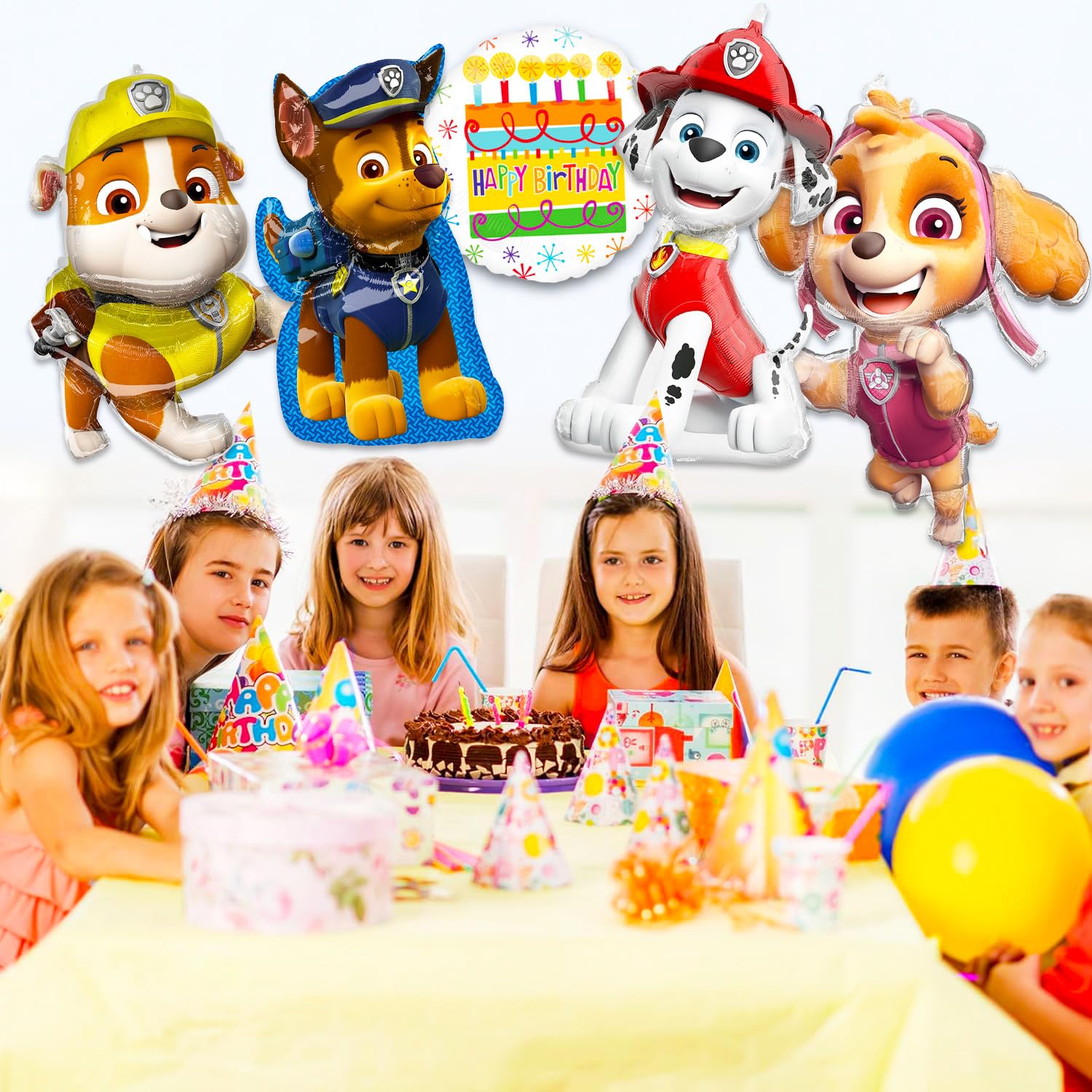 Paw Patrol Set di palloncini con personaggi – Confezione con 4 grandi palloncini decorativi in lamina con Chase, Marshall, Skye, Rubble Plus adesivi | Decorazioni per palloncini Paw Patrol per feste