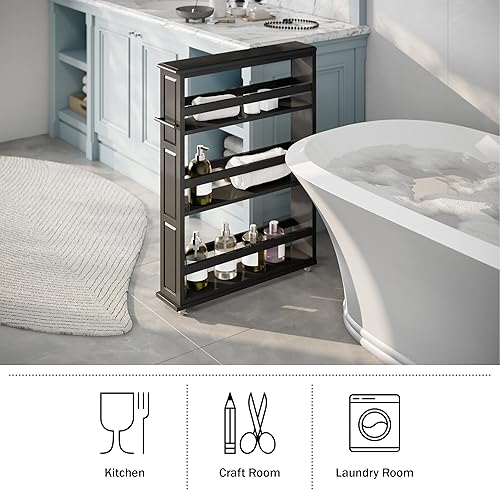 Miniatura 3 de Lavish Home Cocina, carrito de almacenamiento con ruedas delgado negro, 25 pulgadas de largo x 5.7 pulgadas de ancho x 34.25 pulgadas de alto