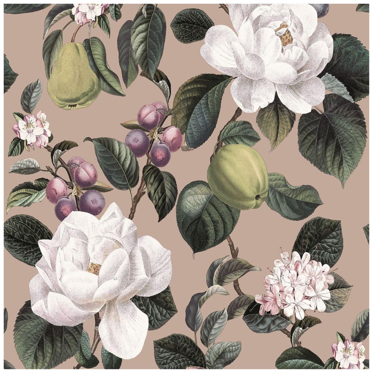 Yöl Taupe, Green Cream Pyrus Plaster Floral Botanical - Contemporary Versatile Sophisticated - Living Room Bedroom Dining Room - Spongeable Wet Removable - 10.05M X 53Cm Roll - Paste The Paper Wallpaper