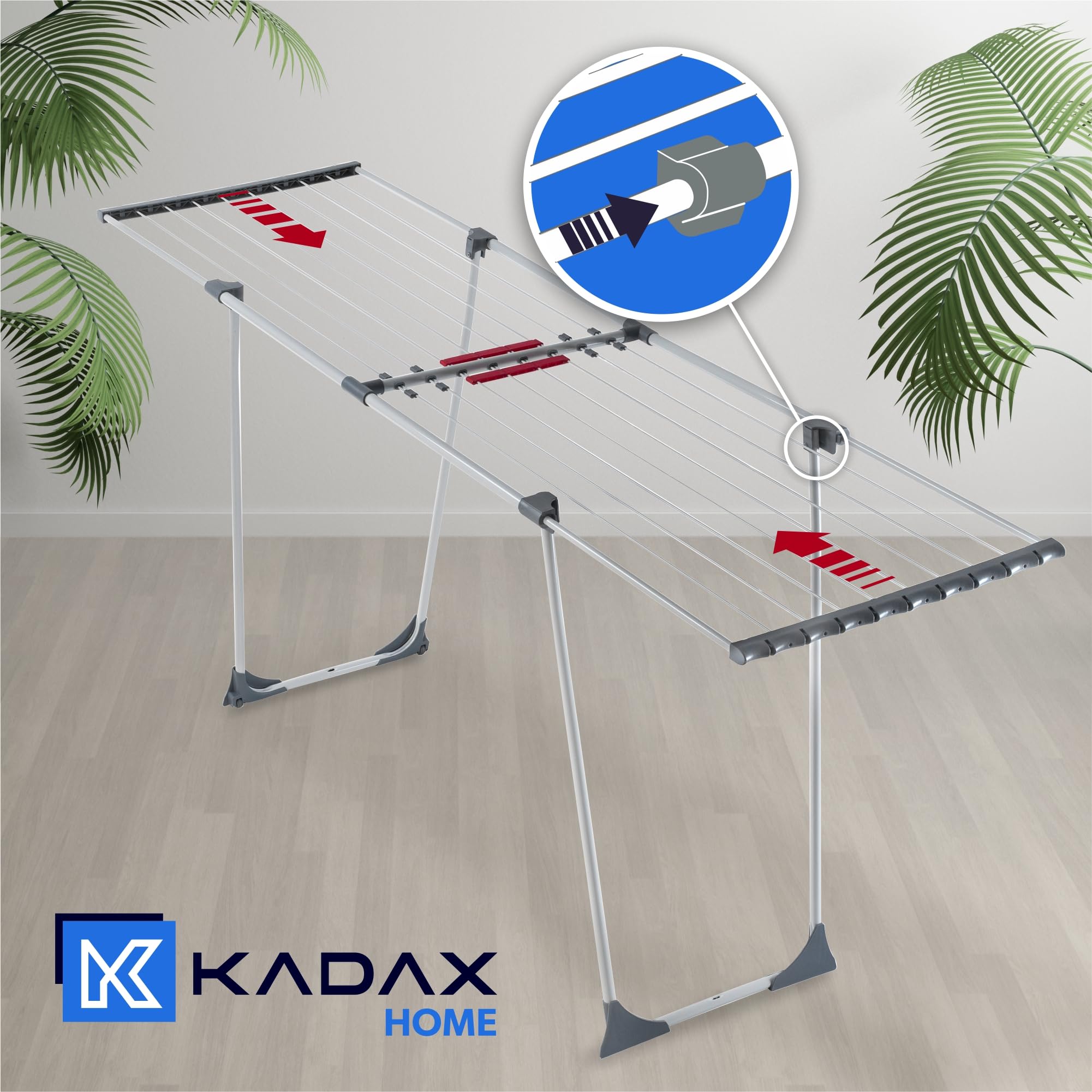 KADAX Étendoir a Linge 20 metres, Support de Sechage sur Pieds, Sechoir Pliable pour Maximiser l'espace de Sechage, Etendoir Telescopique (Gris)