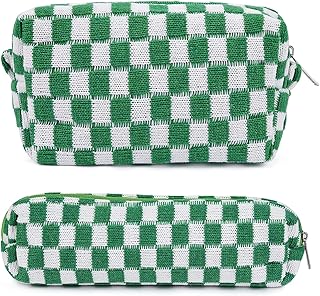 Plaid Makeup Bag Checkered Cosmetic Bag Green Makeup Pouch 1Pcs Large Capacity Makeup Bags and 1Pcs Pencil Case Makeup Brushes Storage Bag Portable Travel Toiletry Bag Organizer for Women Girls
