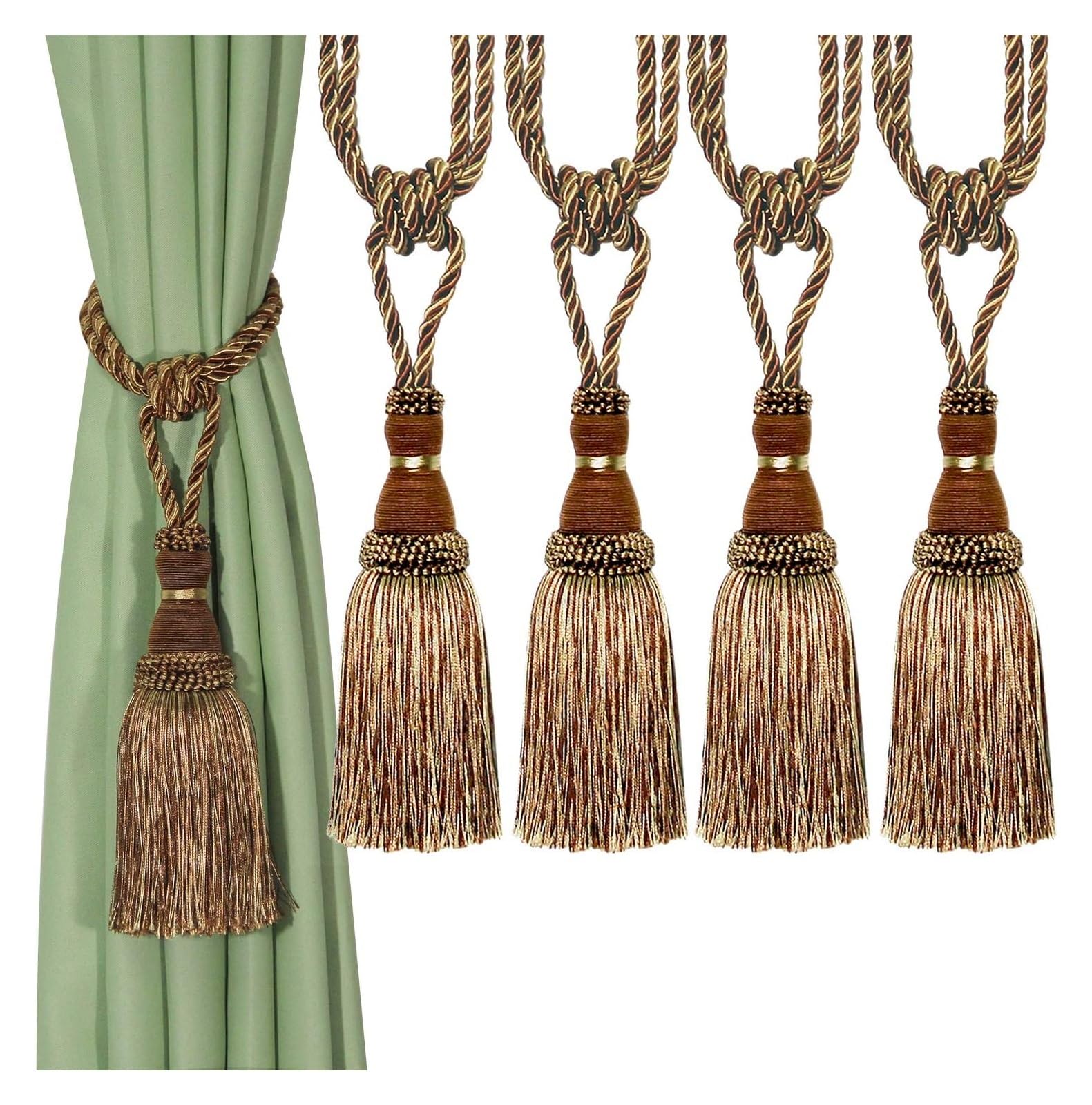 Tassel Curtain Tiebacks， Braided Rope Curtain Tiebacks With Tassels, Multicolor, 2/4 Pcs(Light Coffee,4pcs)
