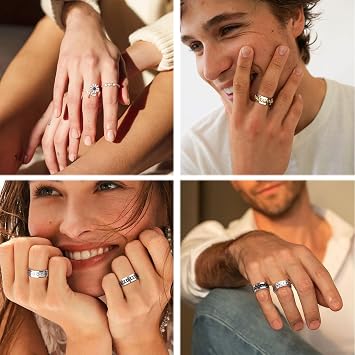 FASACCO 12Pcs Fidget Anxiety Rings for Women Men - Spinner Fidget Rings for Anxiety Relieving Stress Flower Moon Star Stainless Steel Rings Adjustable Size 9
