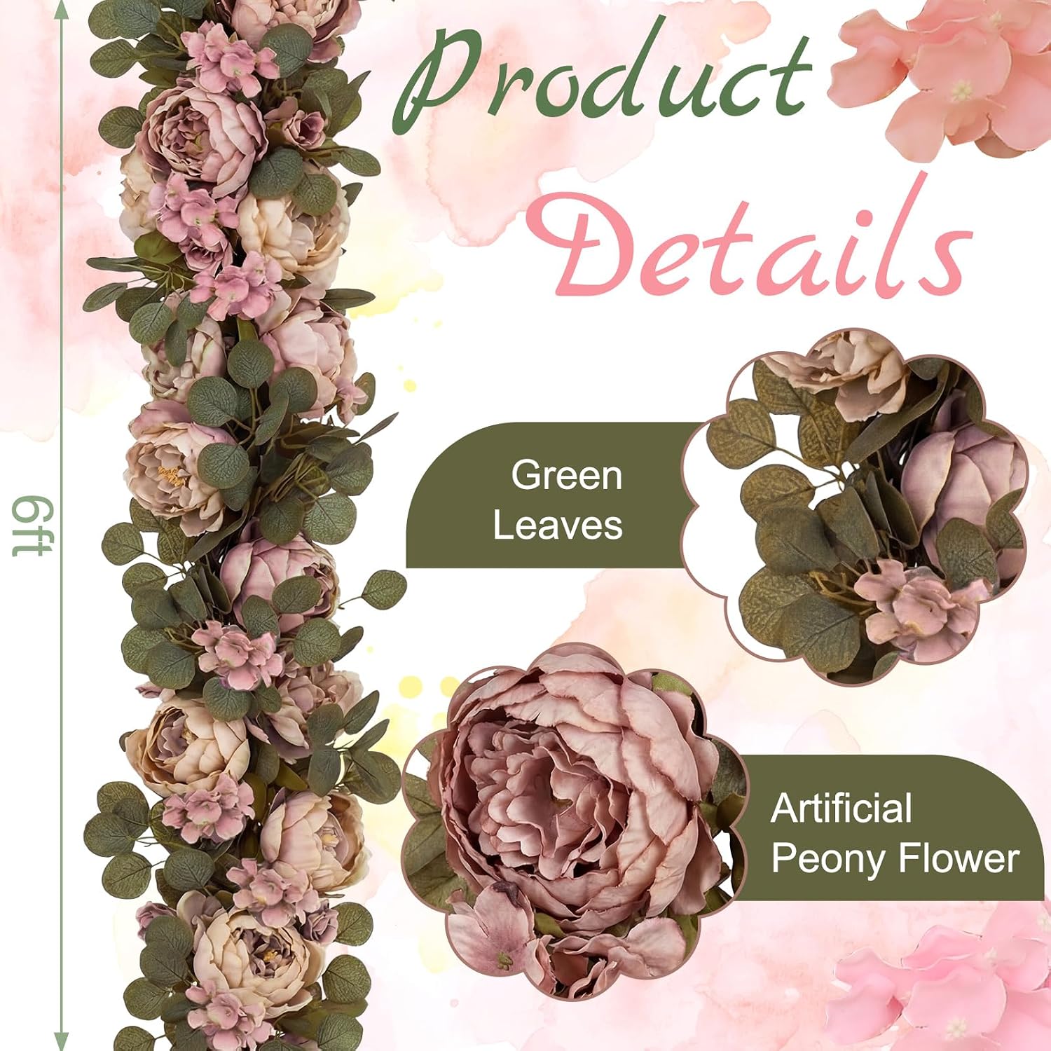 Suncalla 6 ft Artificial Peony Flower Garland Vintage Faux Real Look Silk Peony Eucalyptus Garland Pink Roses Silk Flower Vine Wall Hanging Plant for Wedding Arch Door Arrangement Party Decor Peony Style