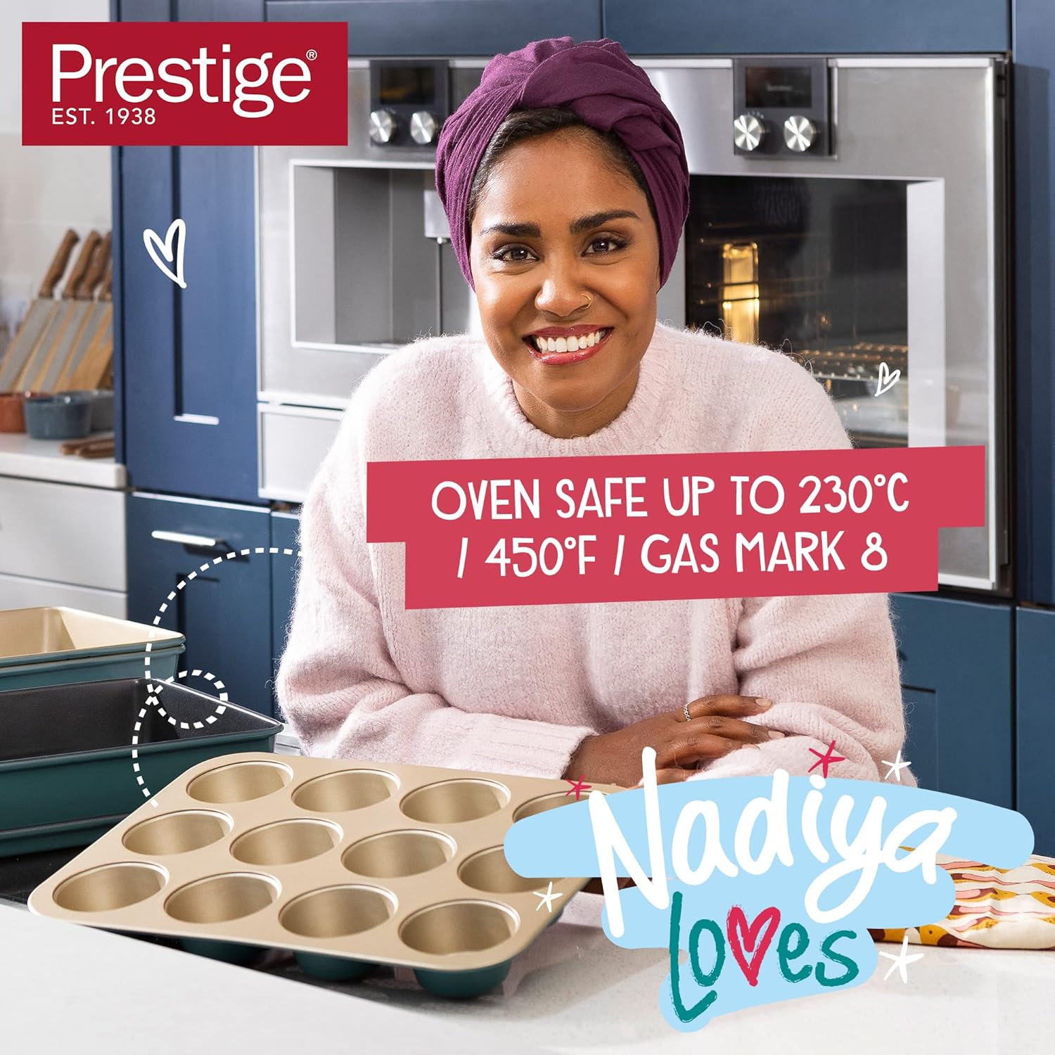 Prestige x Nadiya Muffin Trays For Baking 12 Cup - Non Stick Muffin Tin, Dishwasher Safe, Oven and Fridge/Freezer Safe, Steel Bakeware, Teal & Gold