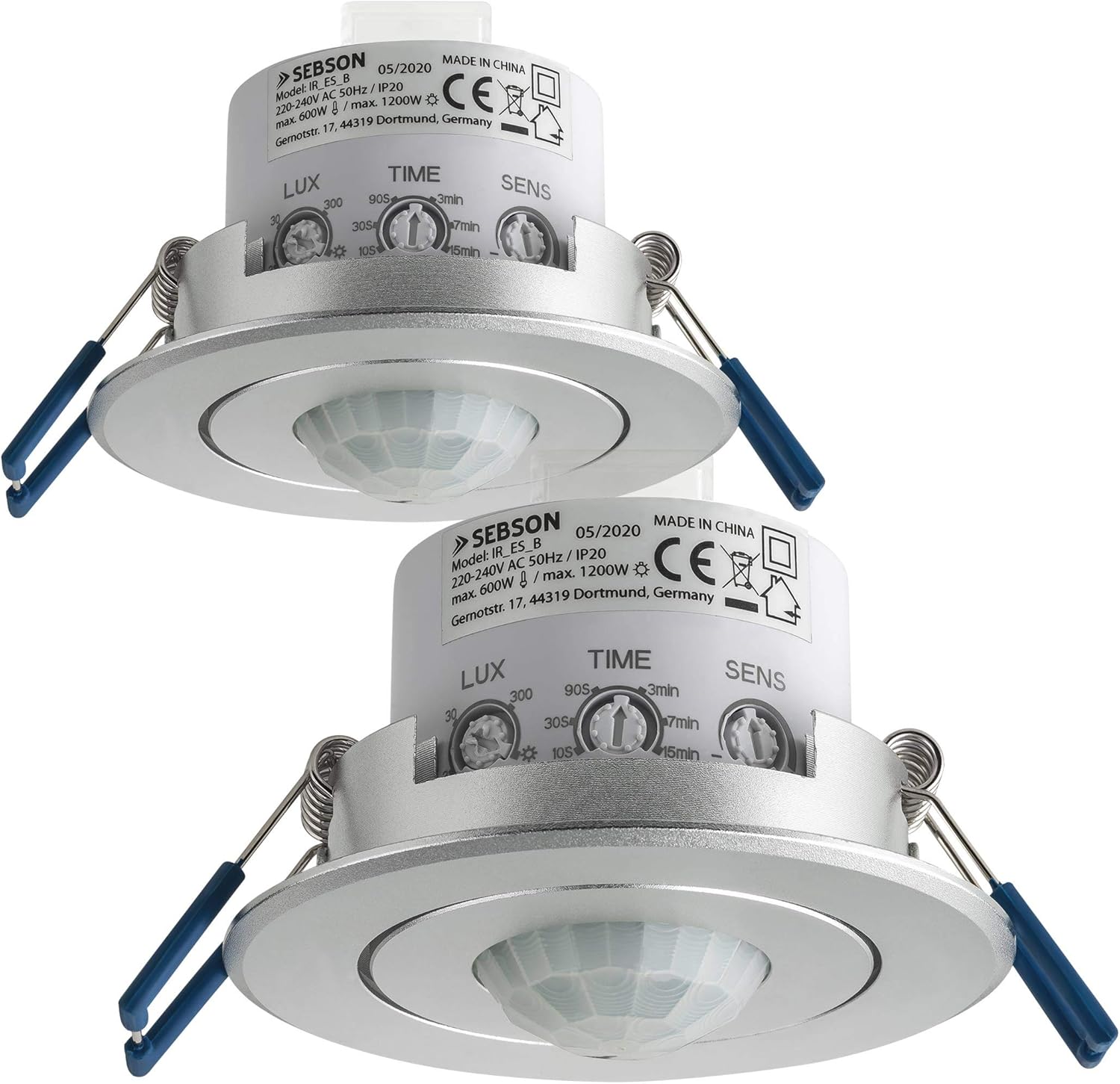 SEBSON® 2X Detector de Movimiento Empotrable, Interior, LED Adecuado, Montaje en Techo, programable, Sensor de Infrarrojos, Alcance 6m / 360°, ...