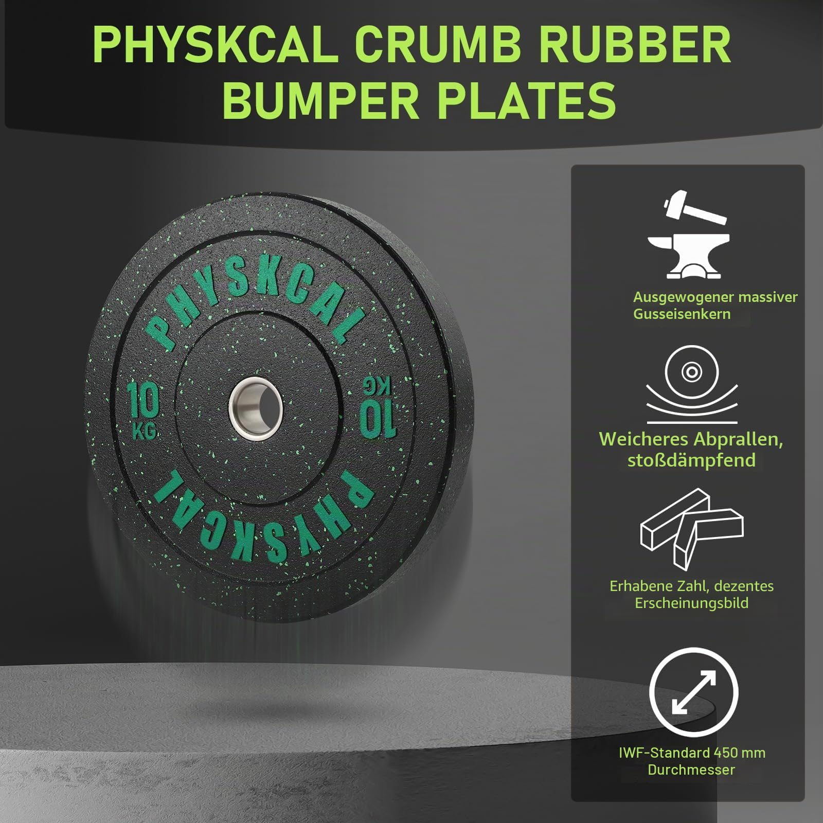PhysKcal Hi-temp Olympic Bumper Plates, 50 mm Hantelscheiben 5–25 kg | Für Garage & Heimfitnessstudio Weightlifting. Dämpft Stöße, absorbiert Aufprall & schützt Böden bei Drops