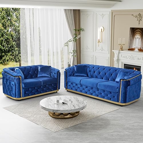 Miniatura 11 de Juego de sofá de terciopelo de lujo, sofá negro y dorado, moderno de mediados de siglo, sofás Chesterfield copetudos y patas doradas, juego de 2