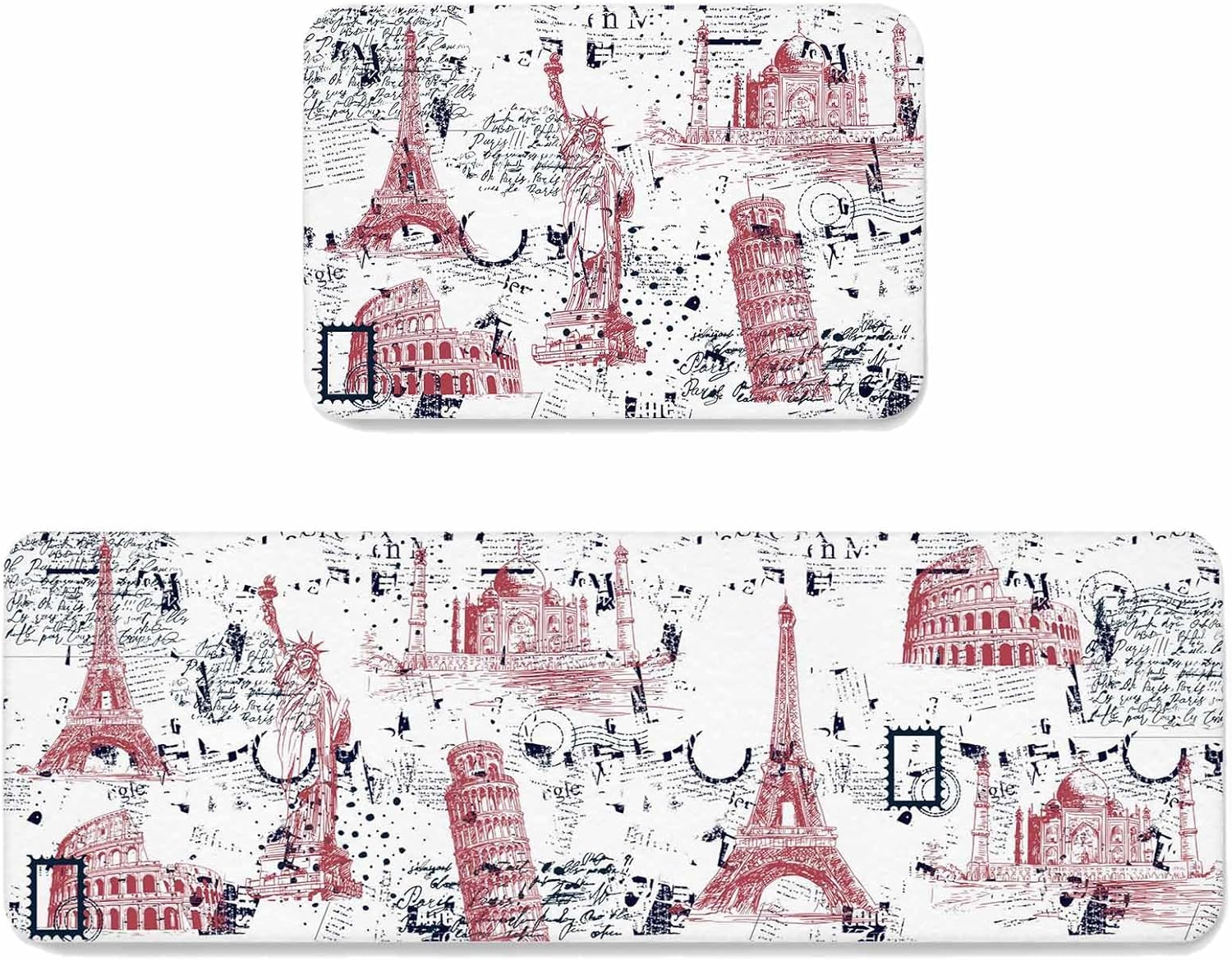 Prime Leader Blue Red City Kitchen Mat Set 2 Pieces Modern Red Blue Architecture Non Slip Kitchen Rugs Washable Runner Rug Mats for Sink Laundry (15.7" x 23.6"+15.7" x 47.2")