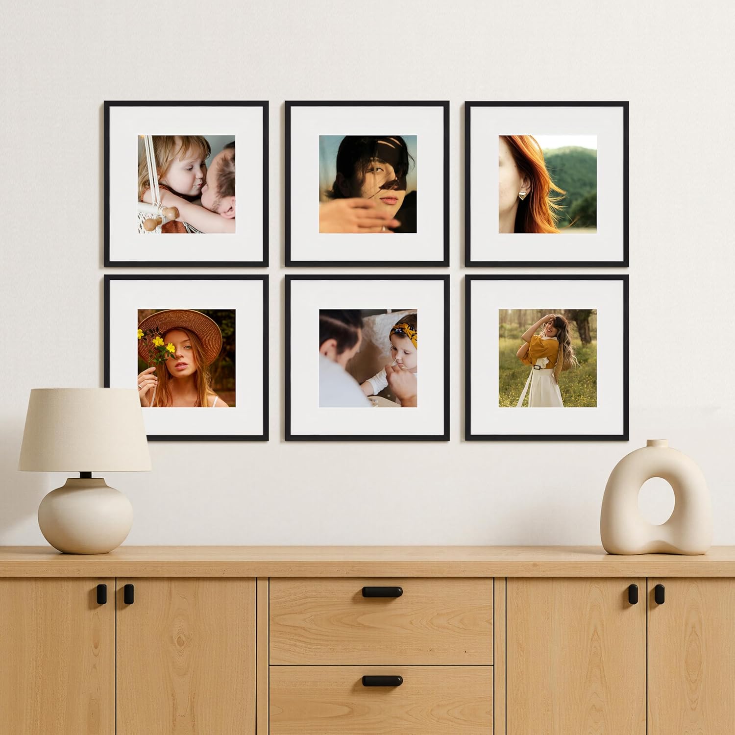 eletecpro Gallery Wall Frame Set of 6, 12x12 Inch Square Black Frames with 8x8 Mat, Scratch-Resistant Finish for Modern Home Decor