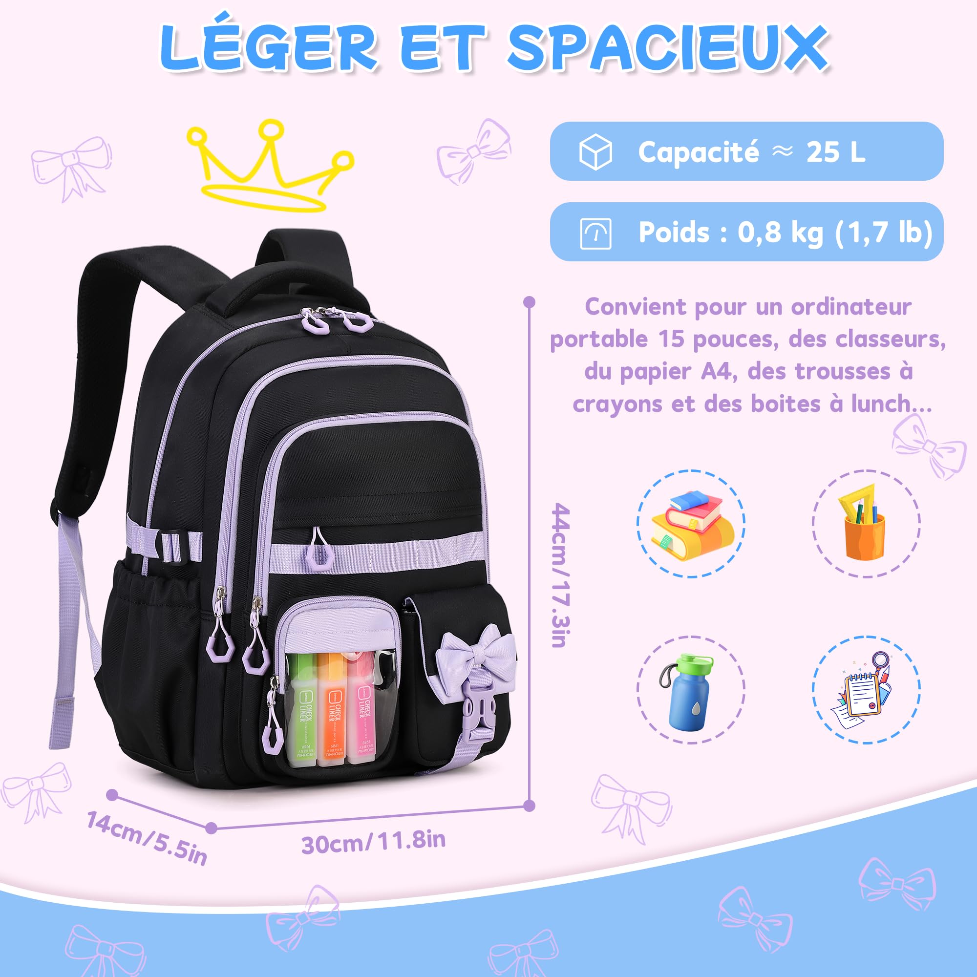 Sisipoet Cartable Fille Primaire, Sac à Dos Scolaire College Étanche Daypack pour Adolescentes, Cartable Kawaii à Carreaux pour Filles de 10 à 16 an pour les Voyages - 4