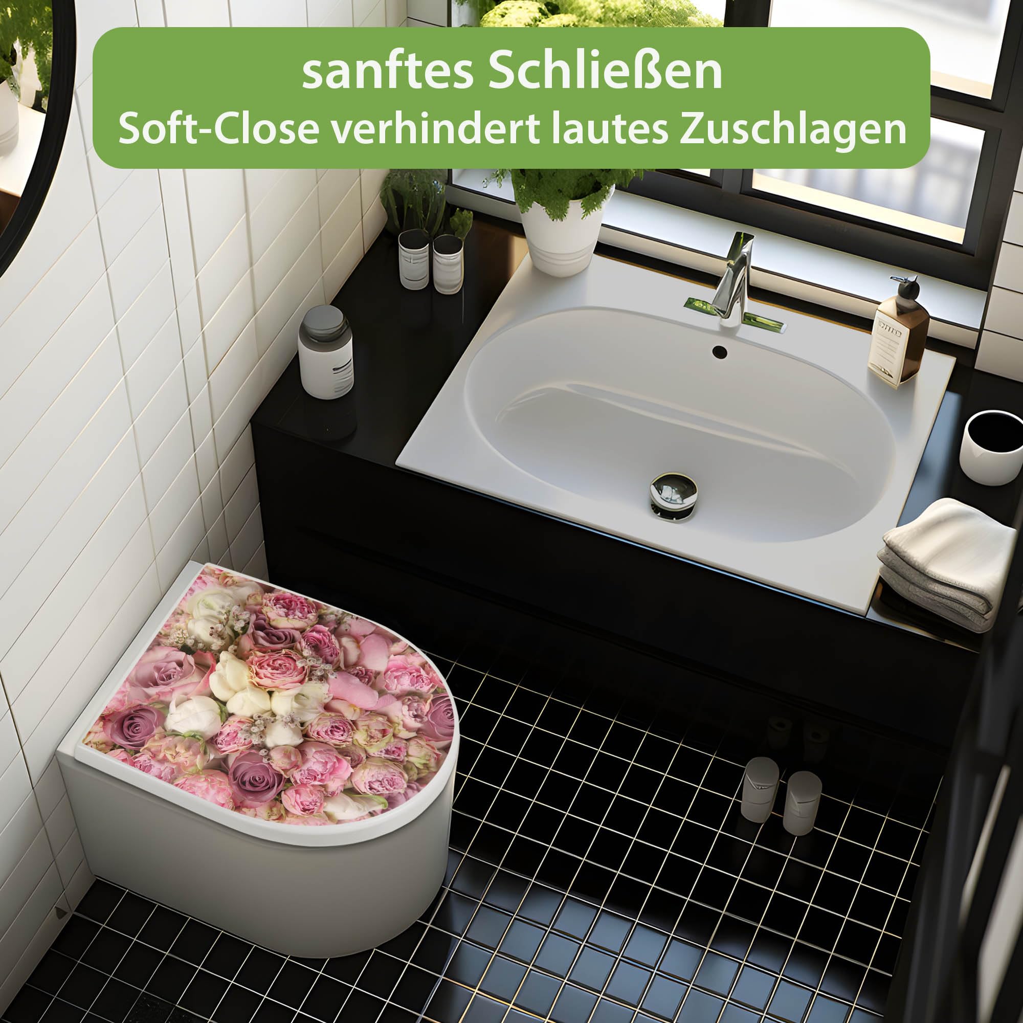banjado WC Sitz mit Absenkautomatik D Form - Toilettendeckel mit Absenkautomatik D Form - Klodeckel Softclose - stabile Klobrille - Toilettensitz Weiß - Motiv Strauss Rosen