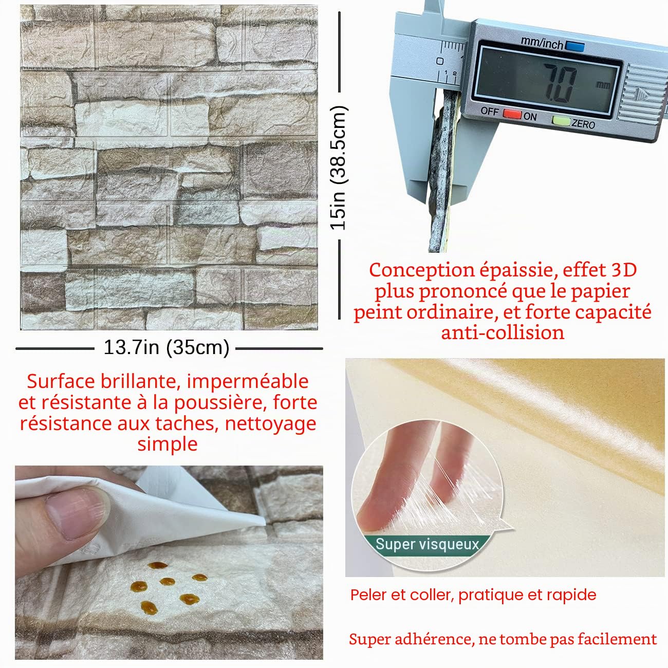 Lot de 20 panneaux muraux 3D à coller et à décoller, en mousse, motif briques 3D (20 pièces couleur pierre)