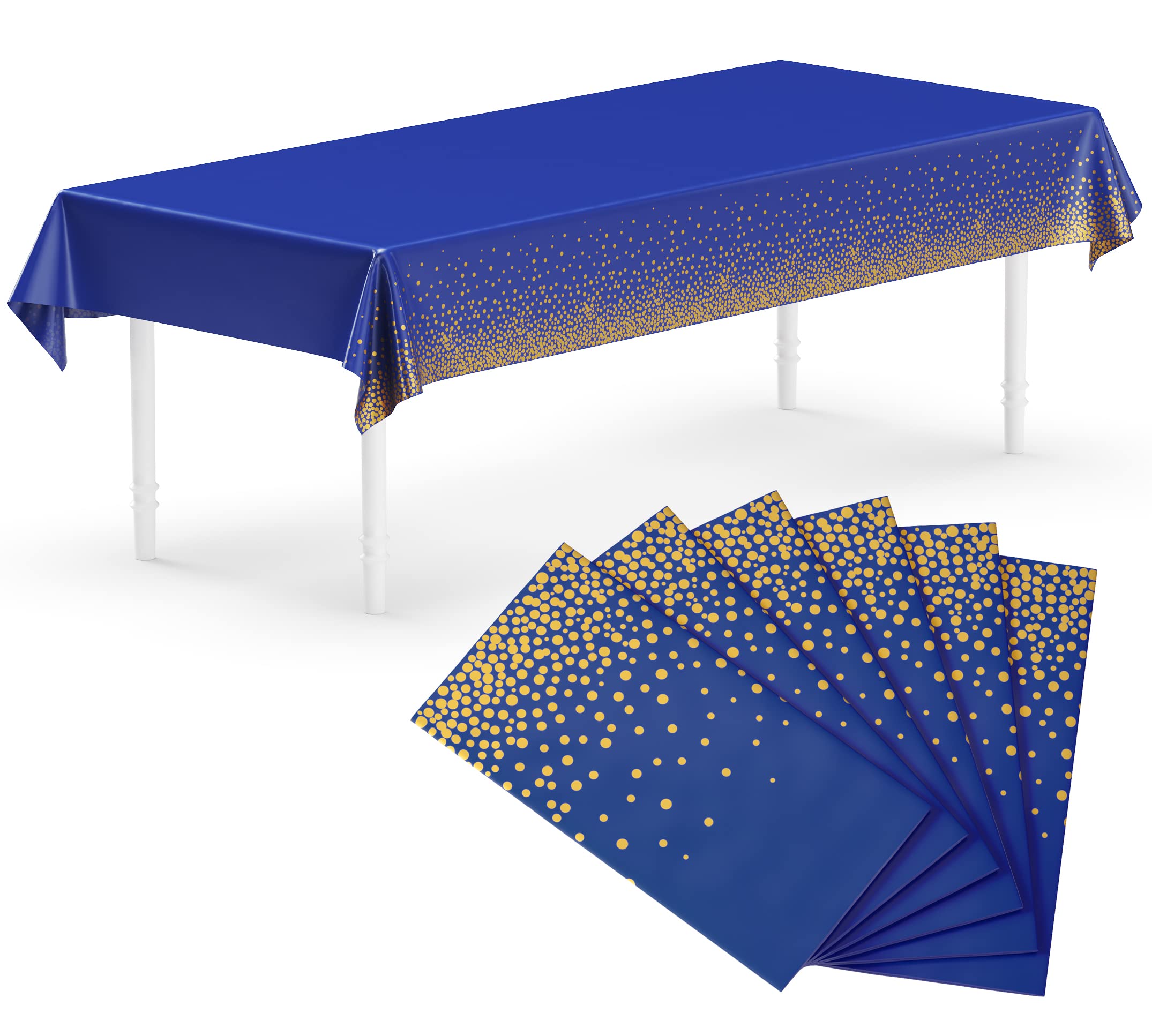 Neatiffy Blue Gold Dot 54 In X 108 Inch 6Pack Rectangle Plastic Table Cloth | Waterproof Disposable/Reusable Tablecloth | Table Cover For Picnic, Party, Banquet, Birthdays (Blue Gold Dot)