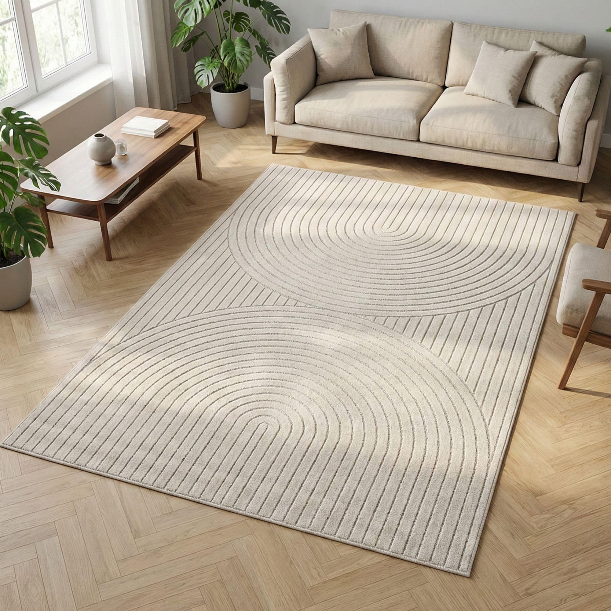 Carpetsale24 Kurzflor Teppich Beige Wohnzimmer Schlafzimmer 3D Hoch-Tief-Effekt, Skandinavisch Boho Motiv, für Outdoor Bereich geeignet Terrassen oder im Balkon