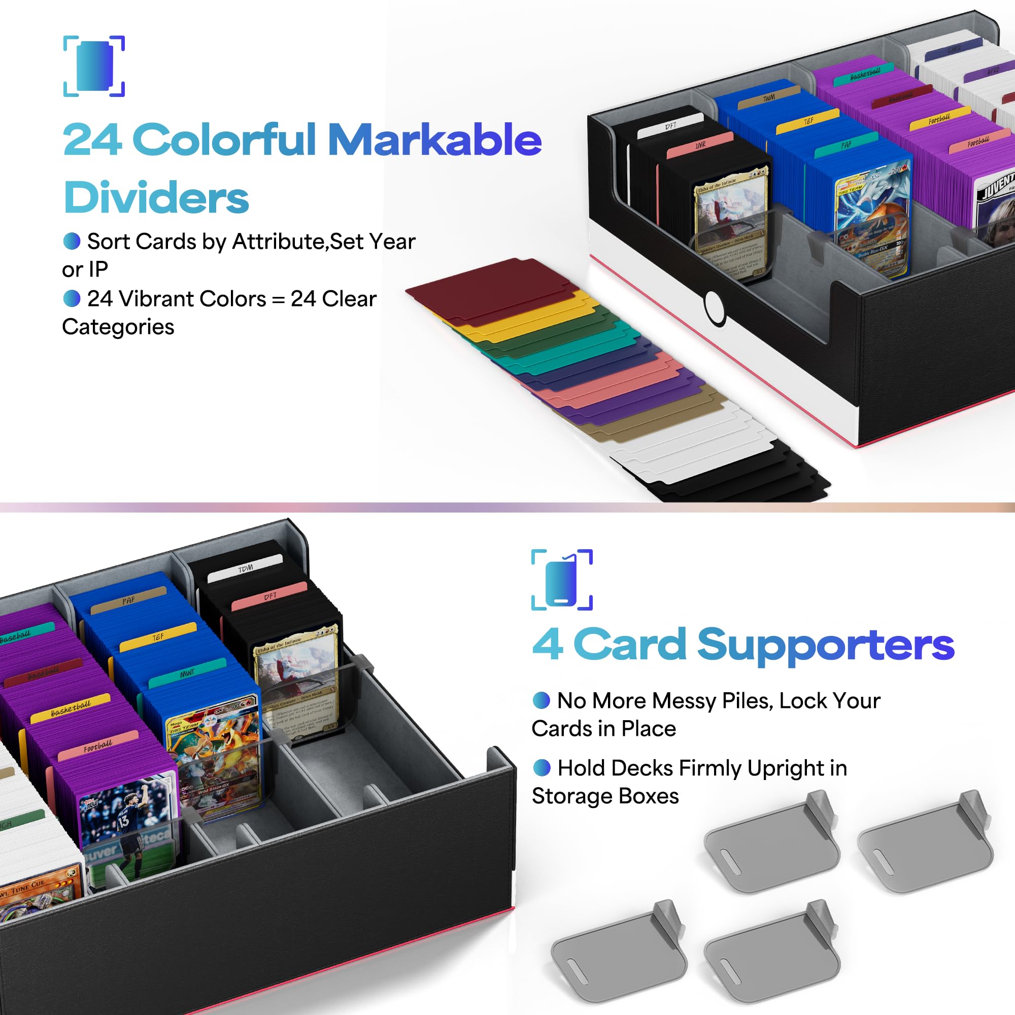 UAONO Caja de almacenamiento de tarjetas para tarjetas intercambiables, más de 2400 MTG Commander con 24 separadores coloridos, funda para tarjetas para juegos deportivos Magic TCG PTCG (rojo y blanco