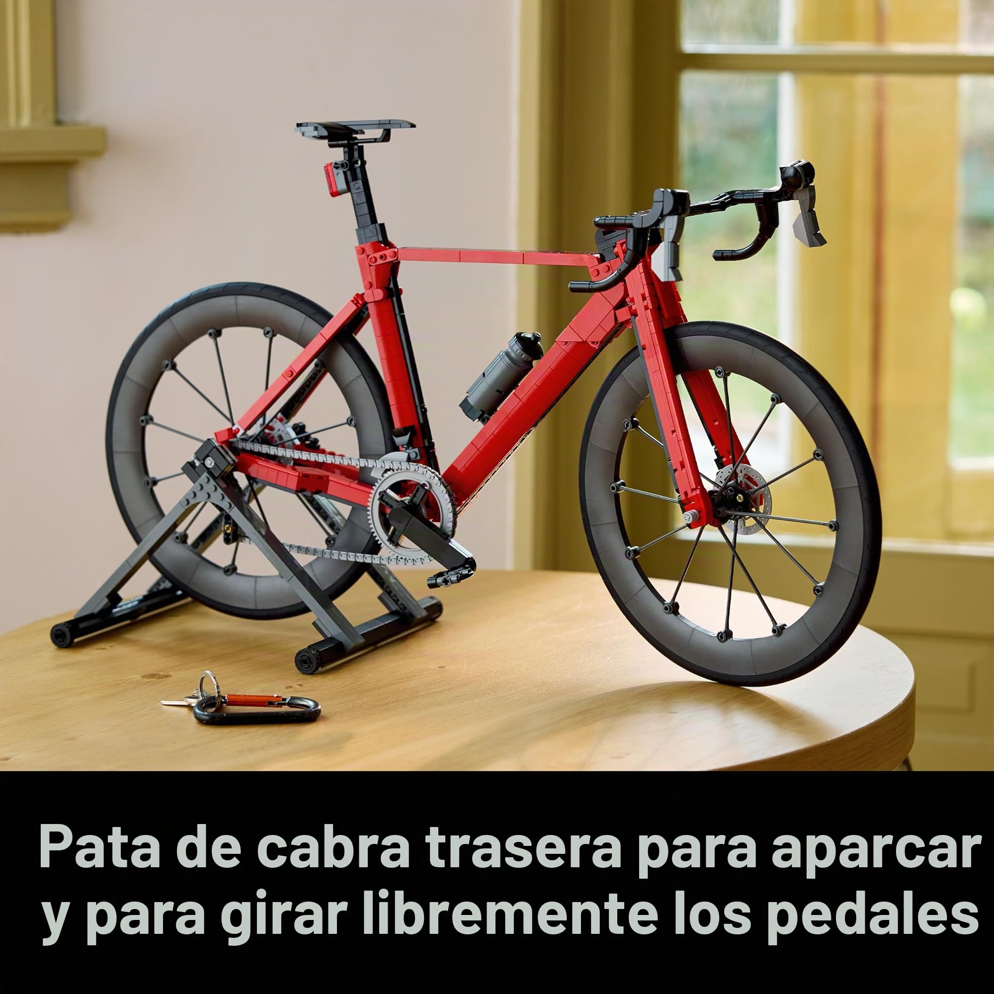 BRICK Flip Bicicleta de carreras LEGO - Bicicleta LEGO 11380 con azulejos impresos, iconos Legorad con neumáticos de goma, engranajes y soporte de rueda trasera como escritorio