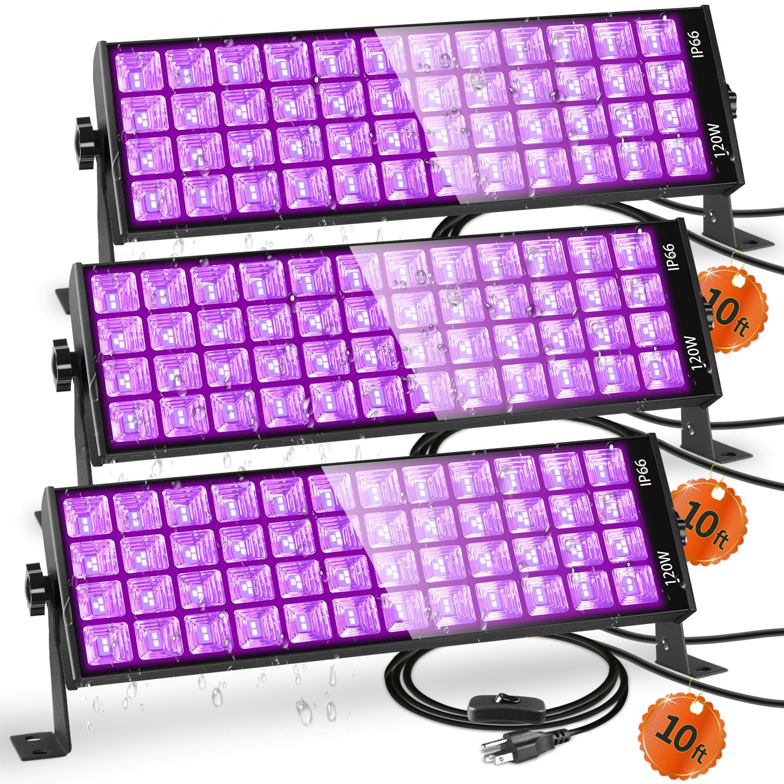 120W LED Black Light Bar, 10FT Cord & Switch, Aluminum Shell, IP66 Waterproof Black Lights for Large Space, Glow Party, Halloween, Body Paint, Yard, 3 Pack