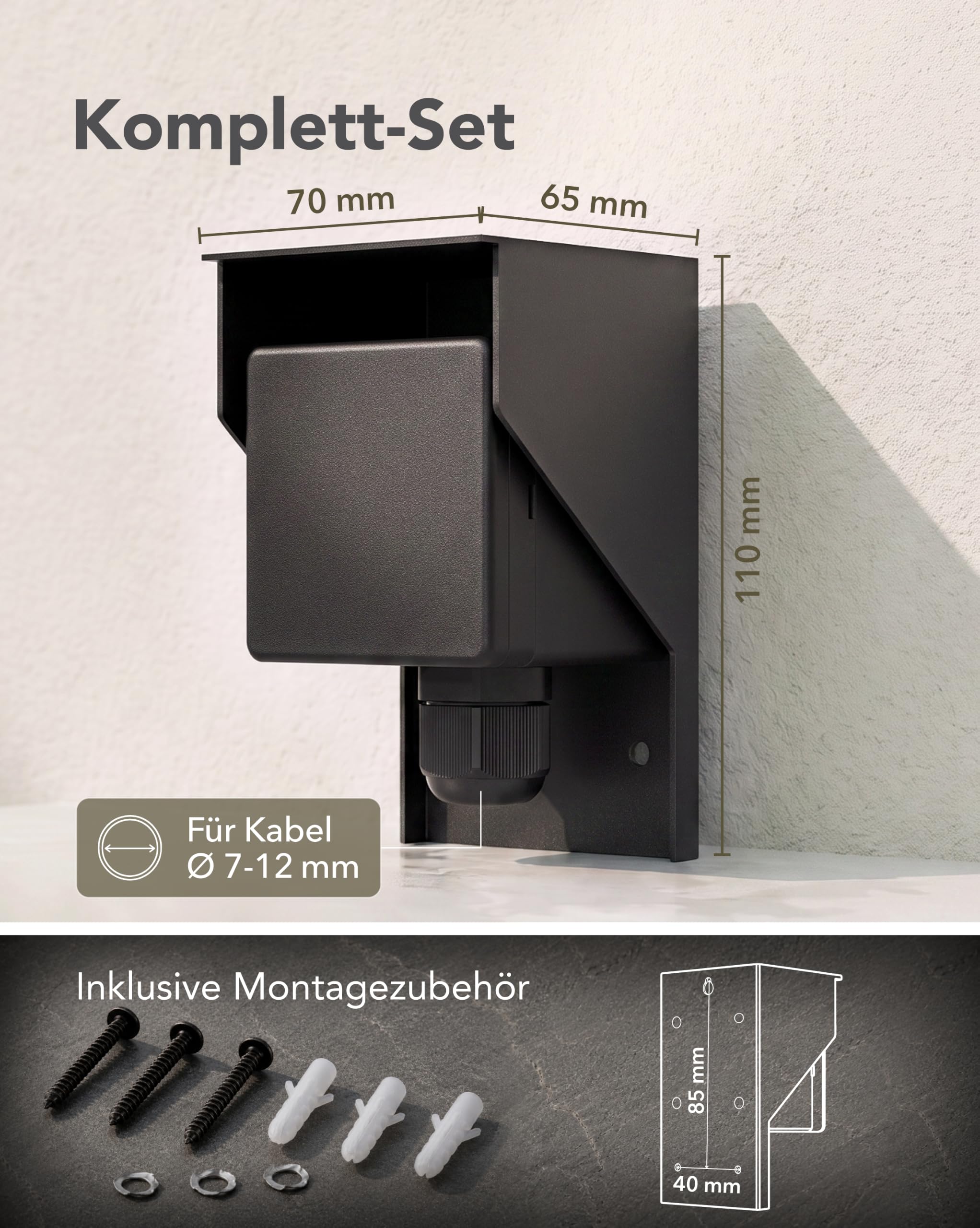 ledscom.de 3x Aufputz Steckdose PIWI für außen und 2m Kabel, IP44, 1-fach, schwarz