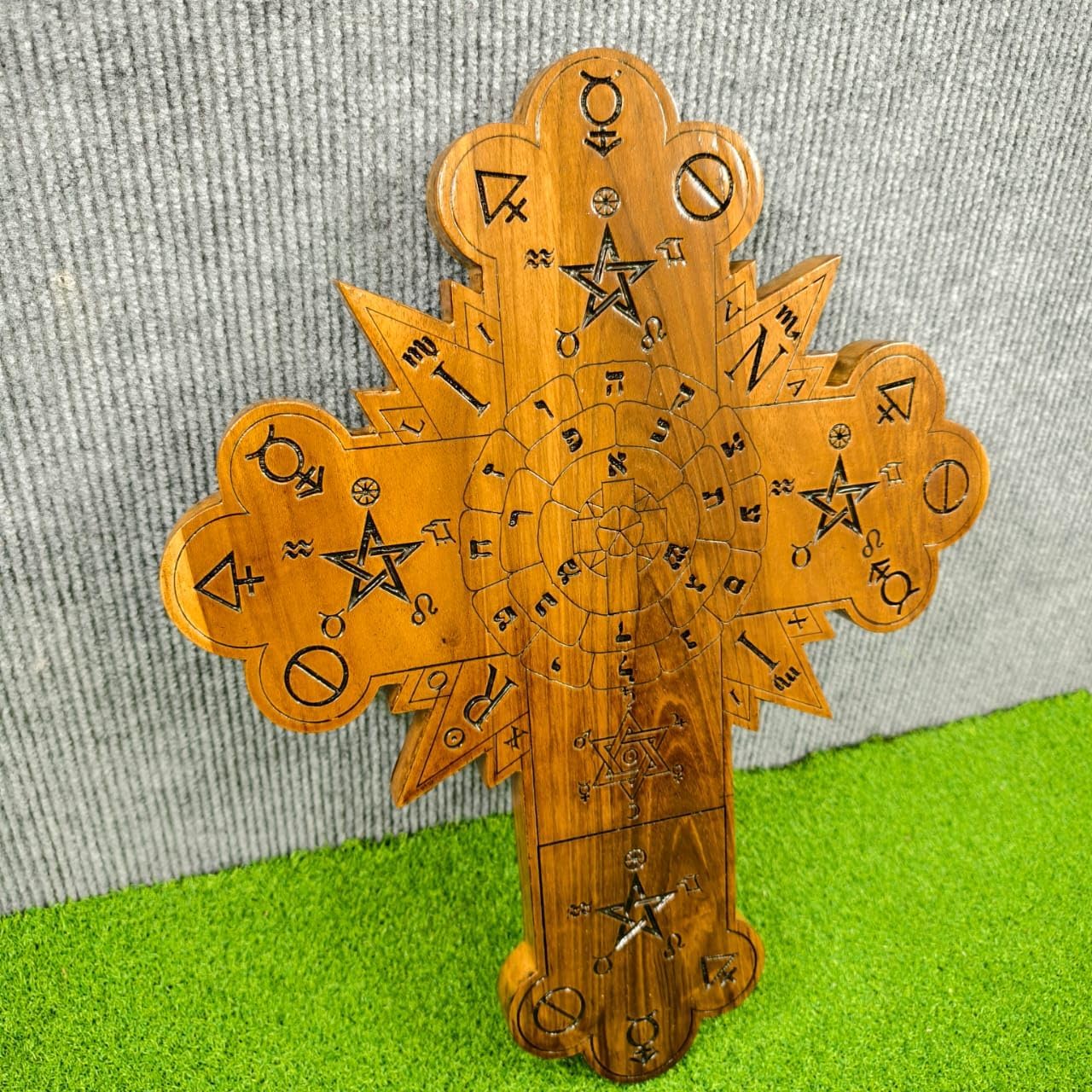 THOR INSTRUMENTS Handcrafted Rosicrucian Rose Cross Wall Hanging, Wooden Hermetic Spiritual Decor with Mystical Symbols, Large Decorative Sacred Art