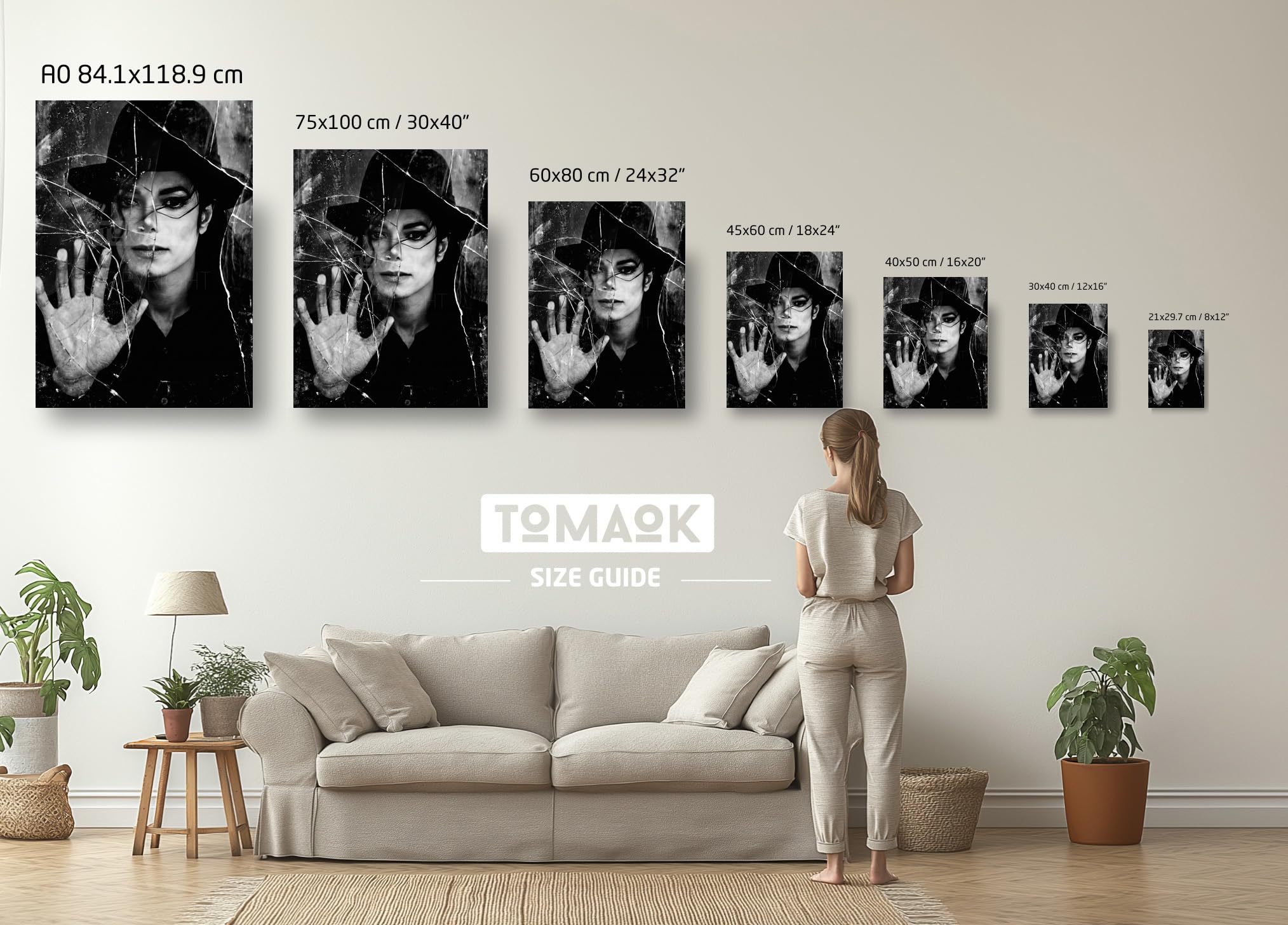 Tomaok® - Poster Stampa poster d'arte (Cornice non fornita) Ritratto iconico Michael Jackson in bianco e nero, scena musicale drammatica, Poster contemporaneo