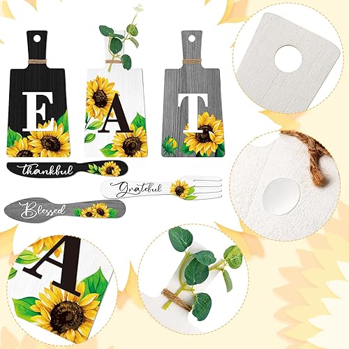 Miniatura 4 de Bucherry Juego de 6 placas de madera para colgar en la pared, diseño de girasol, letreros de comer, tenedor y cuchara, decoración de cocina y