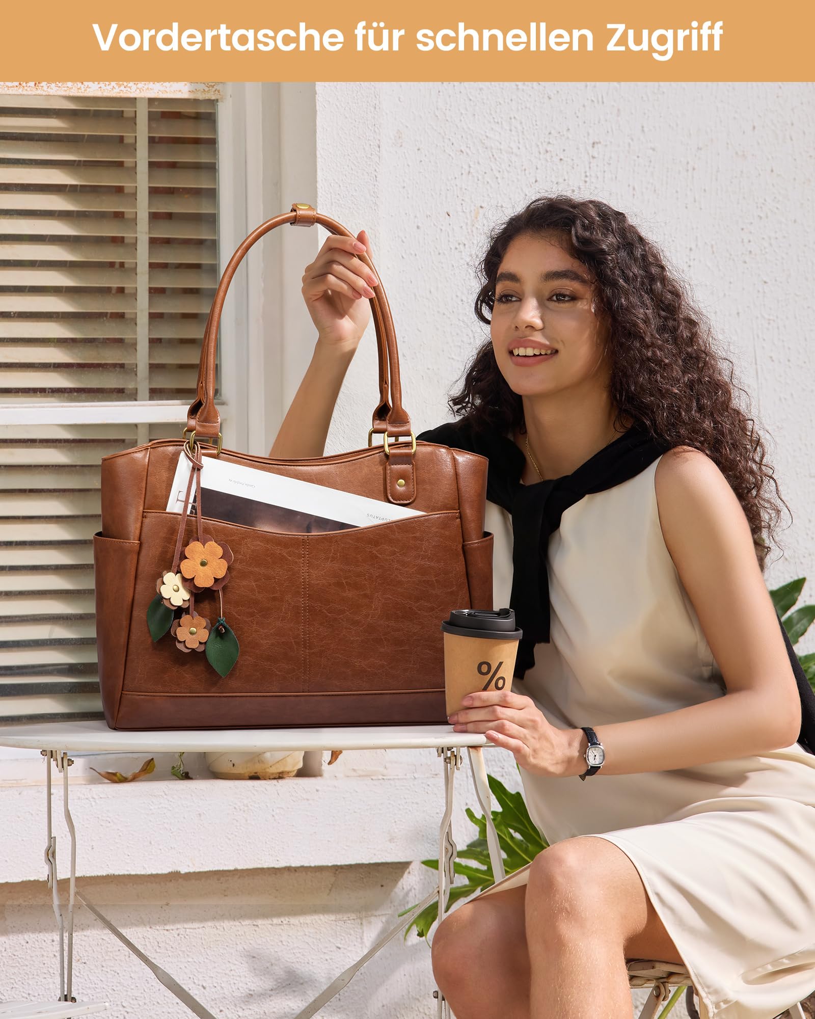 LOVEVOOK Laptoptasche Damen 15,6 Zoll, Arbeitstasche Shopper Tasche Handtasche Groß, Elegant Lehrertasche Tote Bag PU Leder Schultasche Laptop Taschen mit Blumen Anhänger für Business Uni Schule