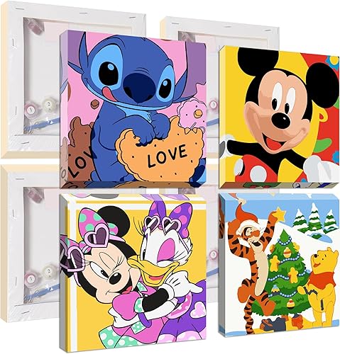 Miniatura 1 de Qukle 4 paquetes de pintura por número para niños, pintura enmarcada por número, Mickey y Stitch para adultos principiantes, pintura acrílica de