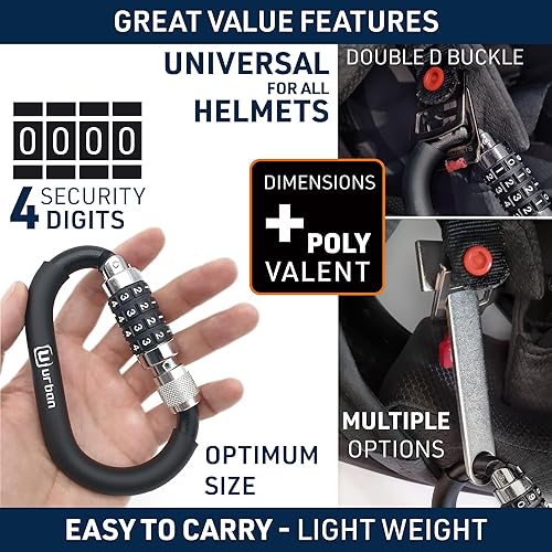Miniatura 5 de Urban UR140 - Cerradura para casco de motocicleta, mosquetón con código de 4 dígitos más seguro, adaptador de hebilla en T, cable de seguridad de
