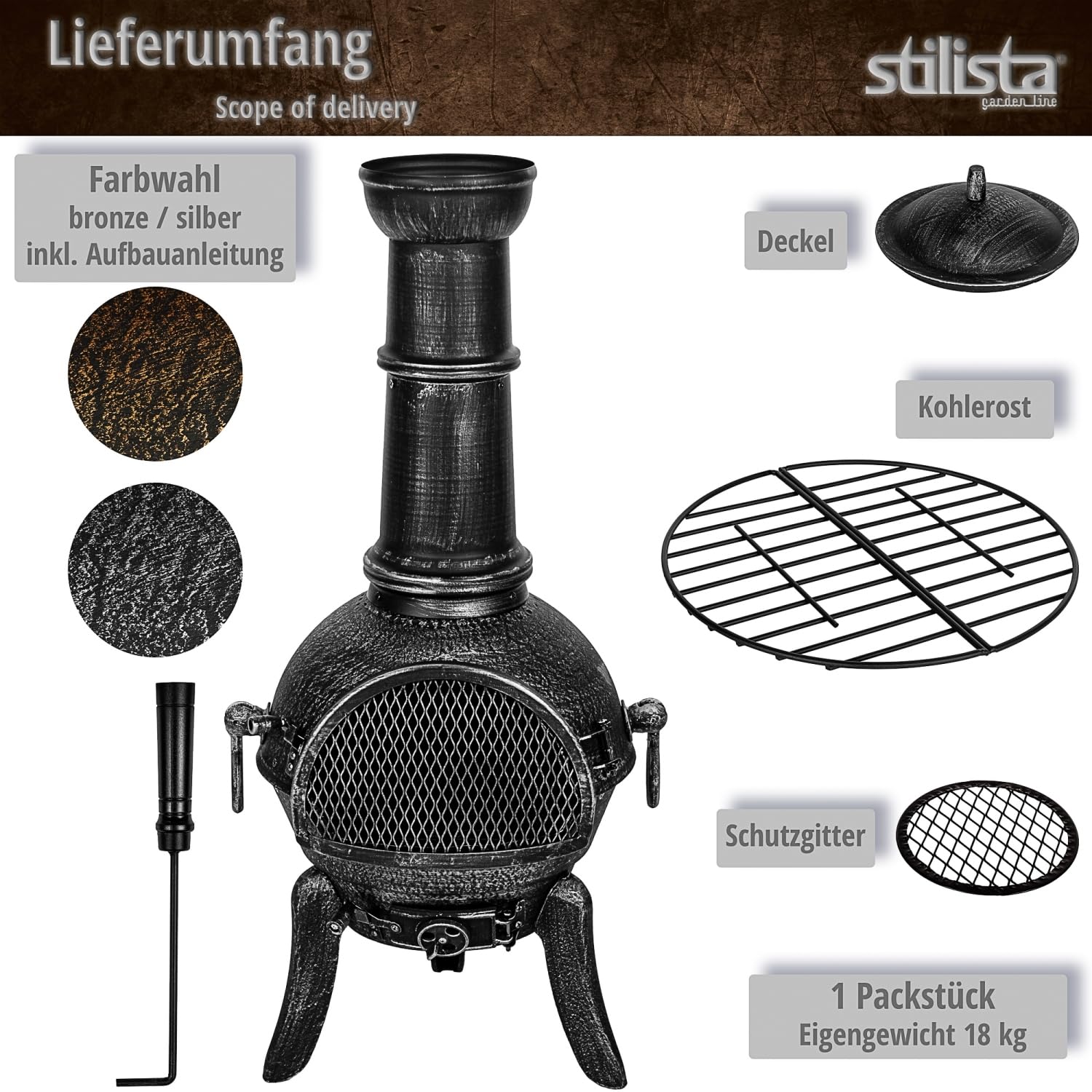STILISTA Terrassenofen 112 cm aus Gusseisen mit Funkenschutz und Schürhaken, Antik Bronze