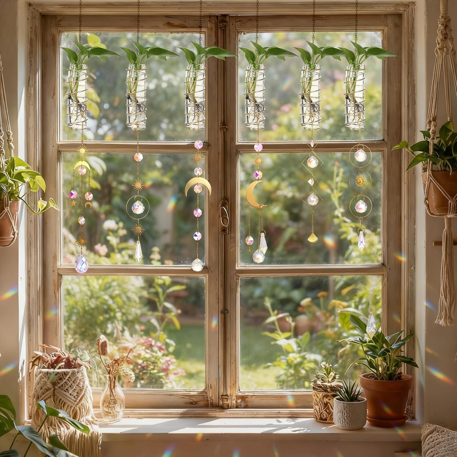 6 Pcs Plant Propagation Station Colorful Crystal Suncatcher, Handmade Boho Rooting Vase, Hanging Window Plant Propagator Stations Suncatcher with Chain Pendant Ornament Balls