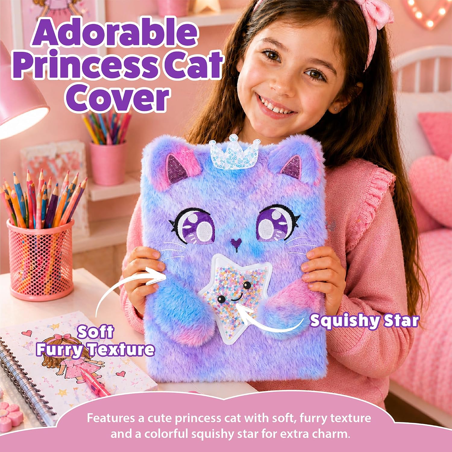 VOTUM Cat Princess Furry Sketchbook for Girls, 8x11 Plush Notebook with Crown & Star Charm, Soft Fluffy Journal & Diary for Drawing, Writing, Birthday, Christmas for Girls