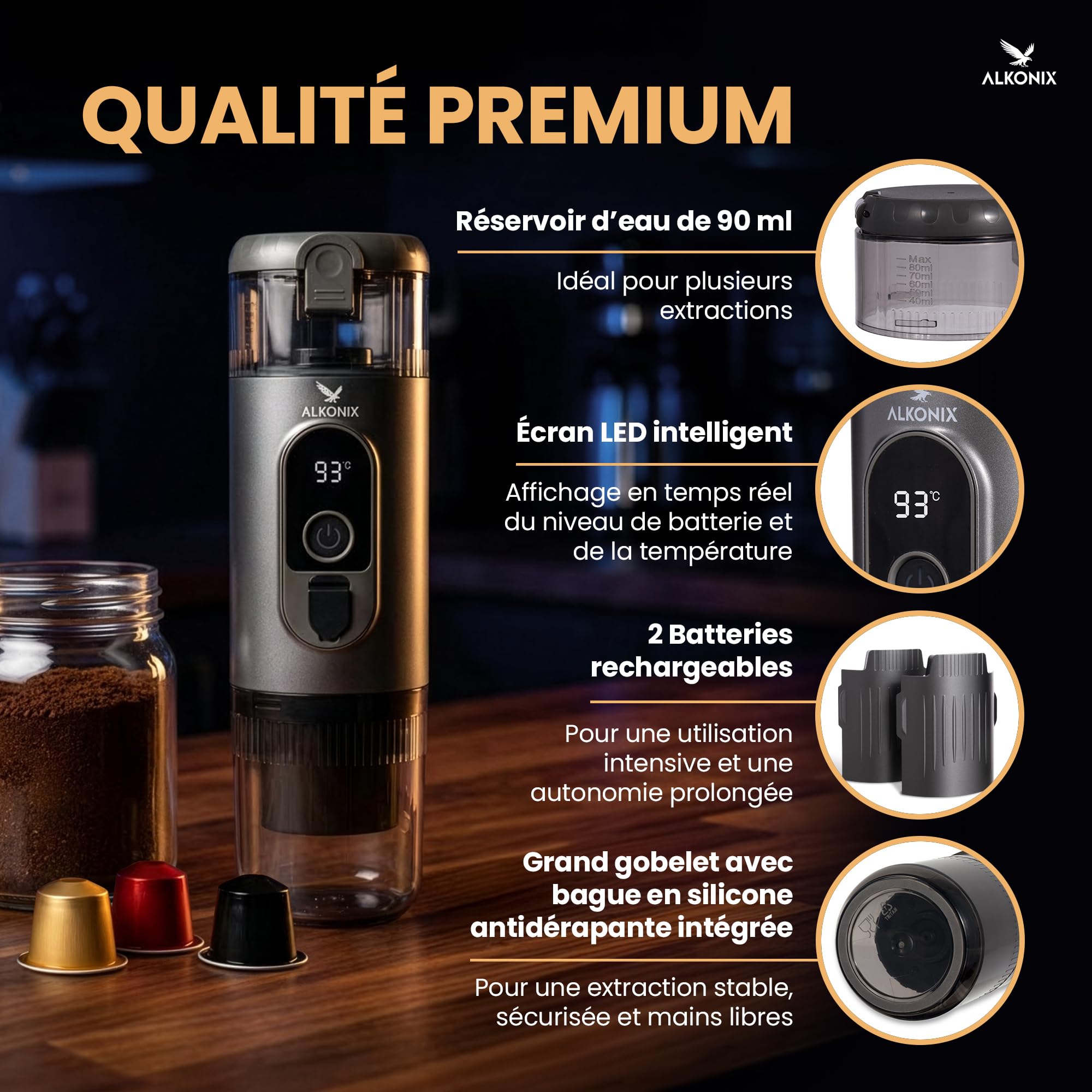 Machine à Café Portable USB-C – Cafetière Nomade Espresso Rechargeable avec 2 Batteries Amovibles – Compatible Capsules Standards & Café Moulu – Chauffe Intégrée (Gris)