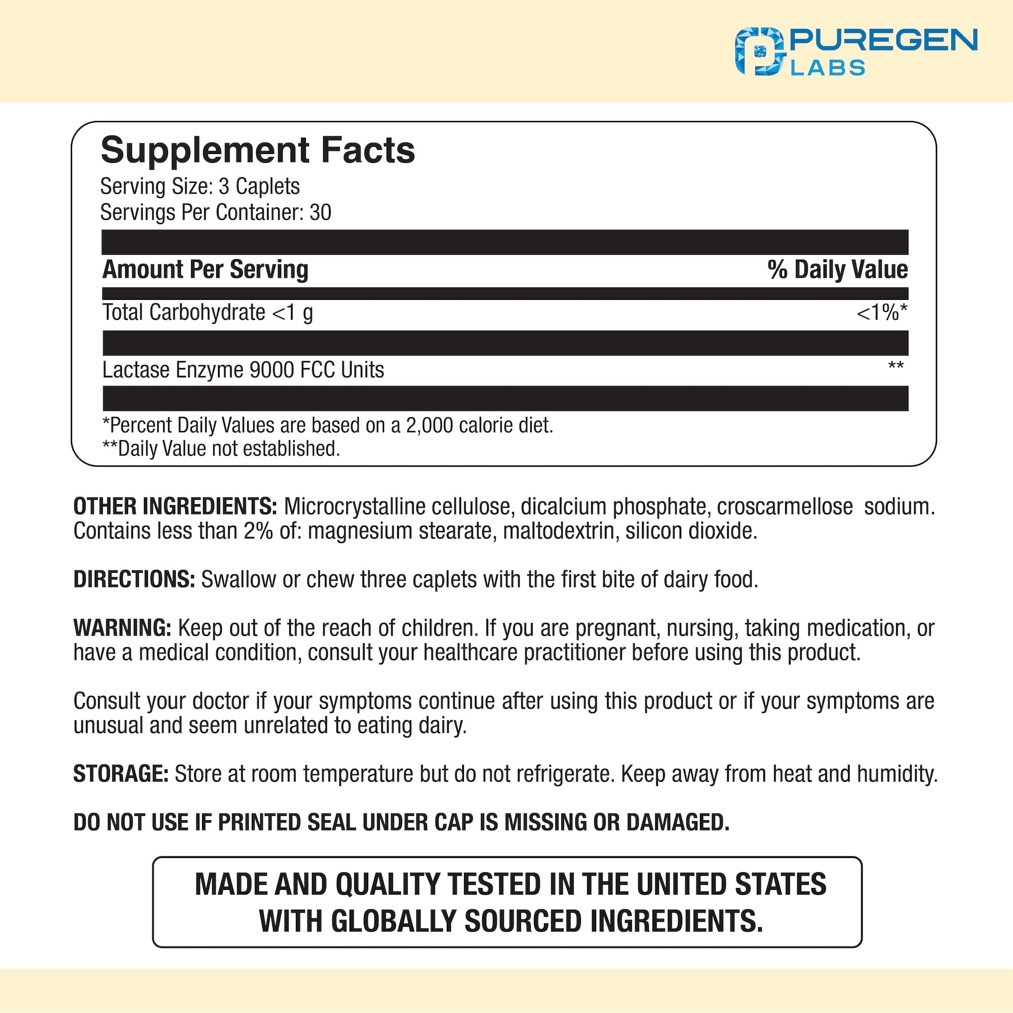 Puregen Labs Dairy Relief Natural Lactase Enzyme 3000 FCC, 90 Caplets — Amazon image 2