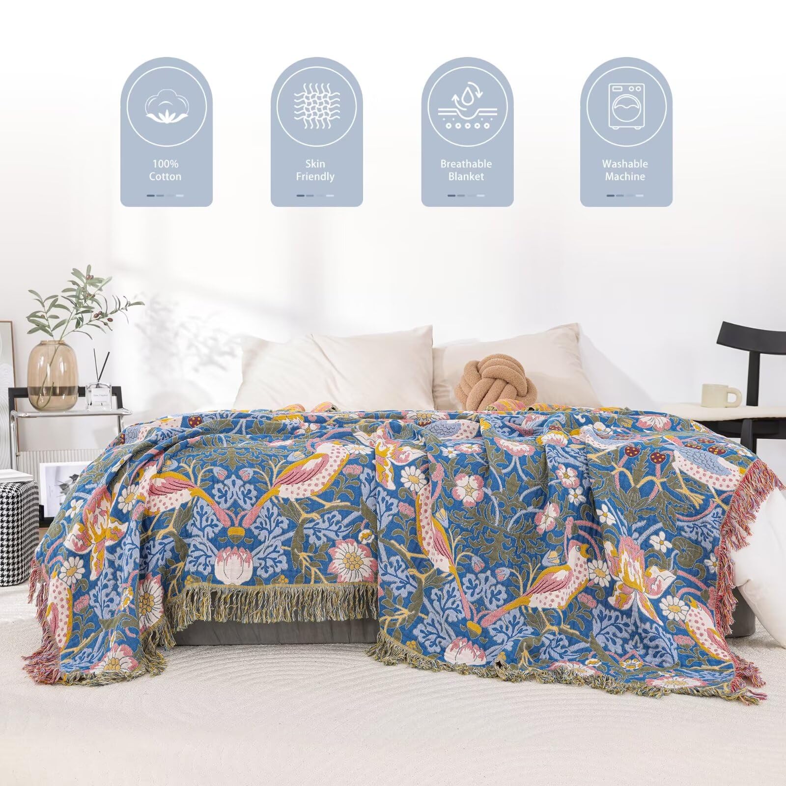 100% Cotton 4-Layer Gauze Throw Blanket – 80x90 Inch Soft Boho Bed & Couch Quilt - View #10