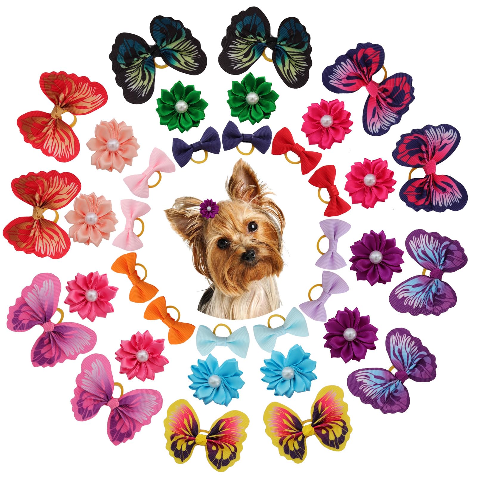 36 Pcs Dog Bows Puppy Kitten Hair Bowknots with Rubber Band Flower Pearls Butterfly Top Knot Pets Dogs Cats Grooming Accessories for Christmas Party Birthday