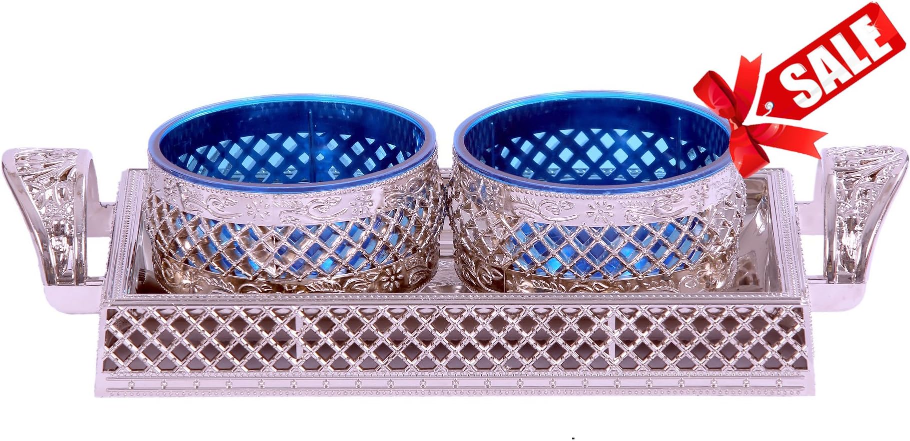 Air Lock 10x6 inch Unique Decorative Serving Tray & 2 Bowls with Lid, Nut Serving Tray with lid- HOLI Gift /Christmas gift item 2017, New Home/ Housewarming, Indian Wedding [Blue]