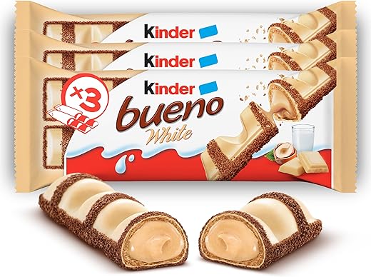 Kinder Bueno White - 6 Snack al Cioccolato Bianco e Nocciola, un Wafer Ripieno di Crema alle Nocciole Ricoperto da Cioccolato Bianco e Granella Meringata al Cacao, 3 Confezioni