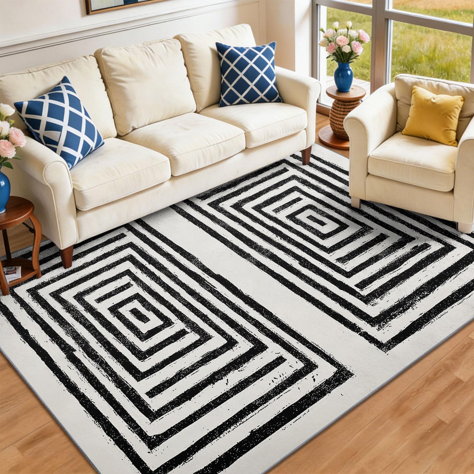 Minimalistisch Modern Kinderteppich Geometrie Konzentrische Quadrate Dicke Linien, 180 x 240 cm | waschbar Pflegeleicht rutschfest strapazierfähig hautsympathisch, Schlafzimmer Wohnzimmer Esszimmer