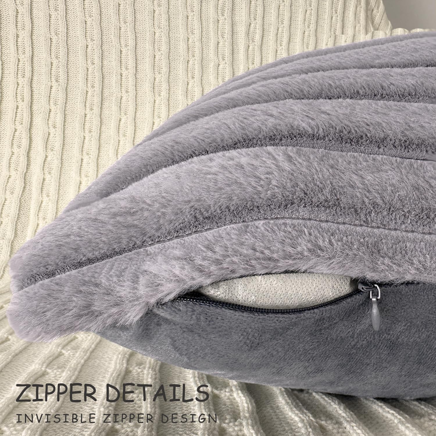 2 Pack 18x18 Pillow Cover Velvet Pillow Covers, Faux Fur Square Throw Pillow Covers for Living Room Decorations Throw Pillow Case, Throw Pillow Cover Cushion Cover for Home Sofa Bedroom Car, Grey - Image 3